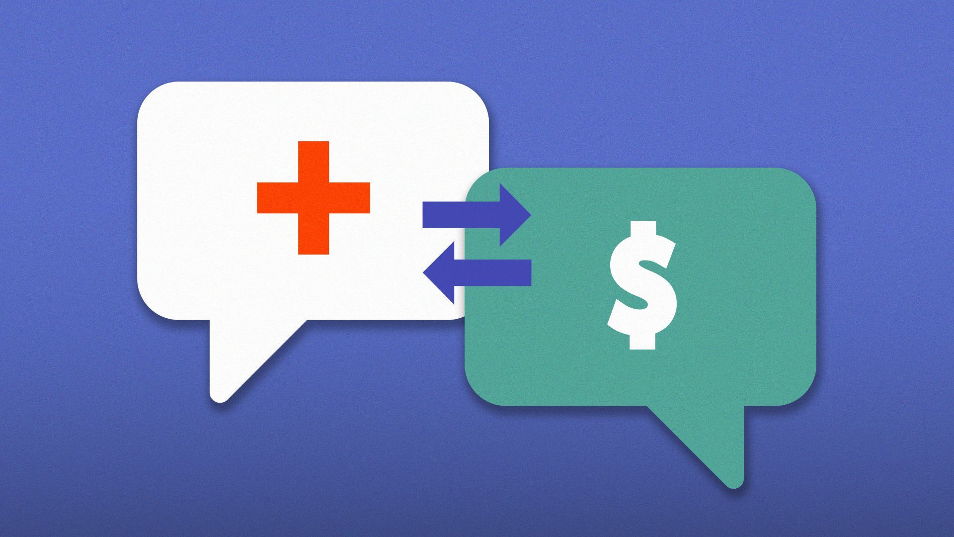 Illustration of two speech bubbles, one with a red cross and the other with a dollar sign, and a "translation" symbol in the middle.