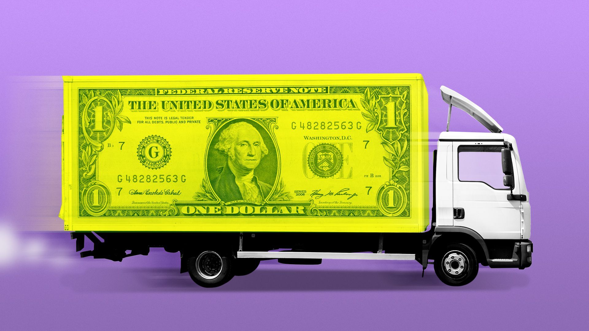 Illustration of a delivery truck with a dollar bill on the side