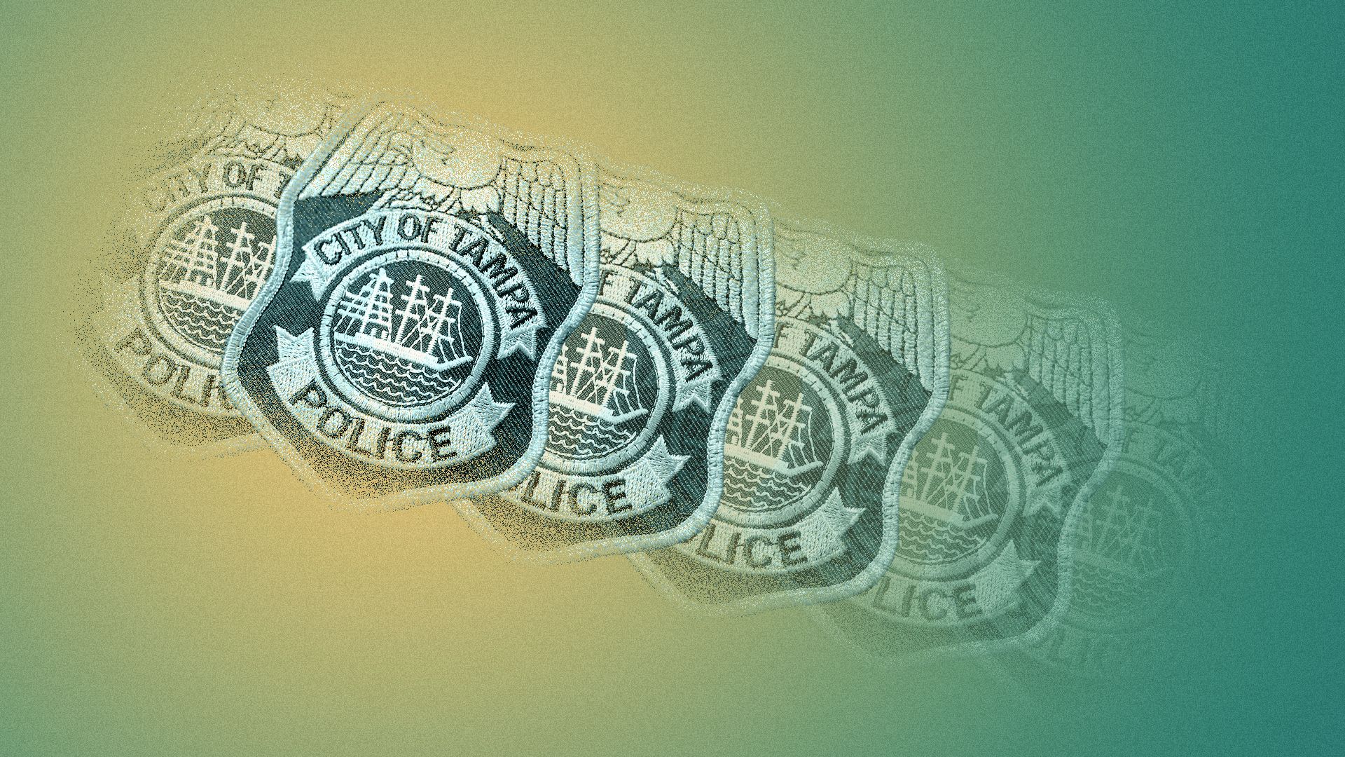 Photo illustration of a series of Tampa Bay Police patches, some of them faded.