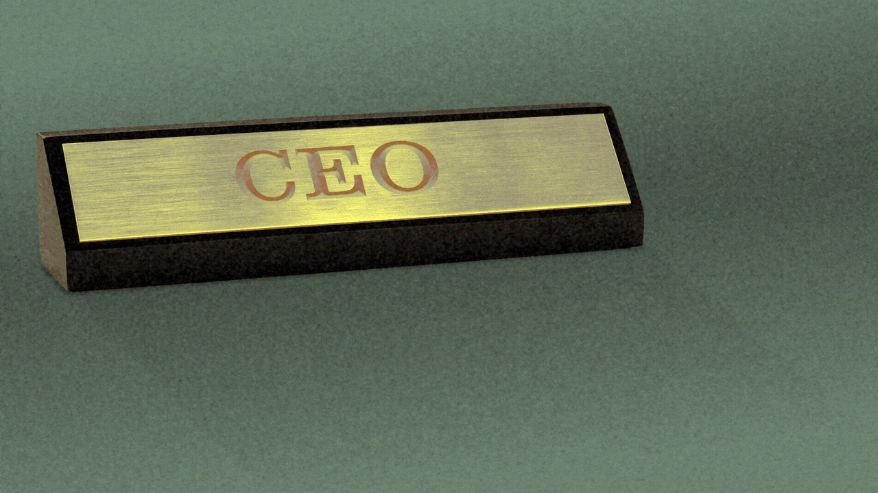 Animated illustration of an office desk nameplate reading CEO. Sparkles pass over it, revealing a second nameplate reading CEO, TOO