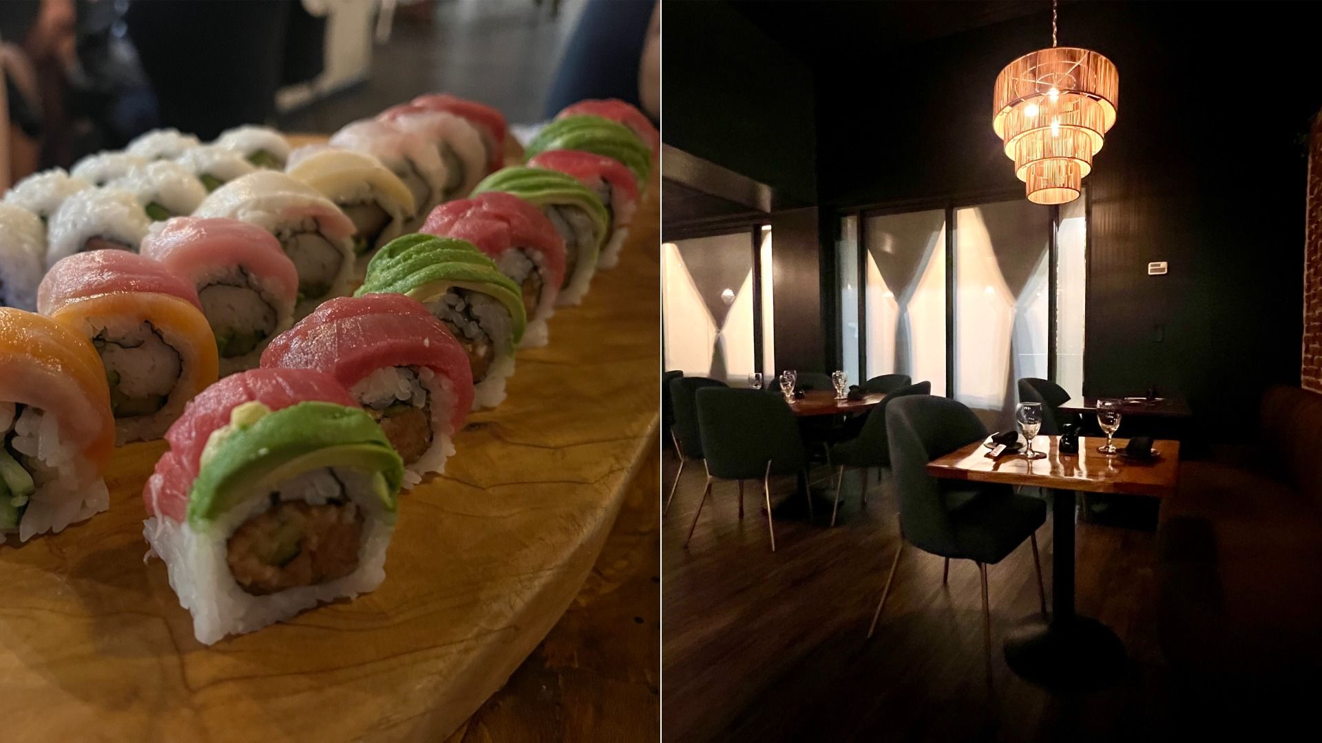 Two photos side by side: left shows colorful sushi rolls with avocado, tuna, salmon on a wooden board; right shows dimly lit restaurant interior with dark walls, wooden tables, blue chairs, and a chandelier.