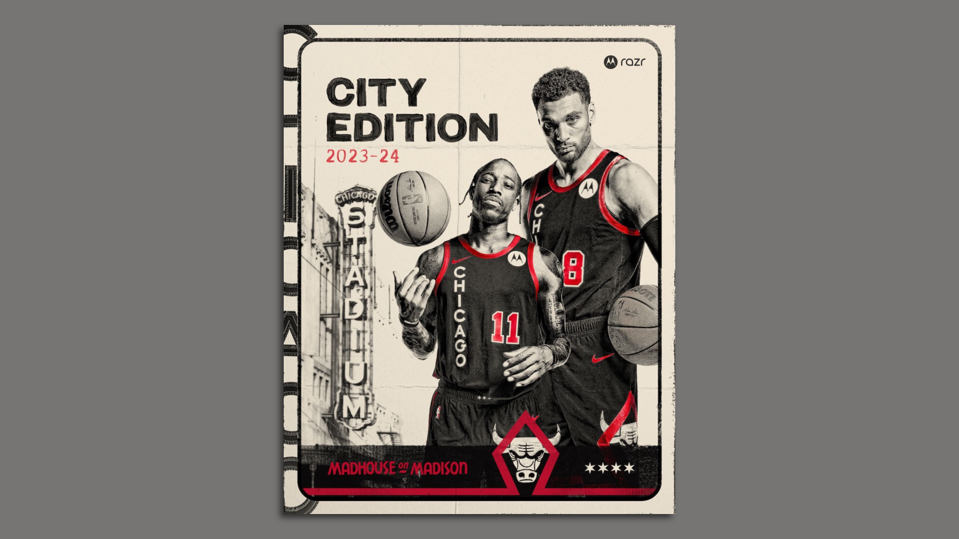 A photo of two Bulls players holding basketballs on an illustrated sports card that says "City Edition 2023-2024"