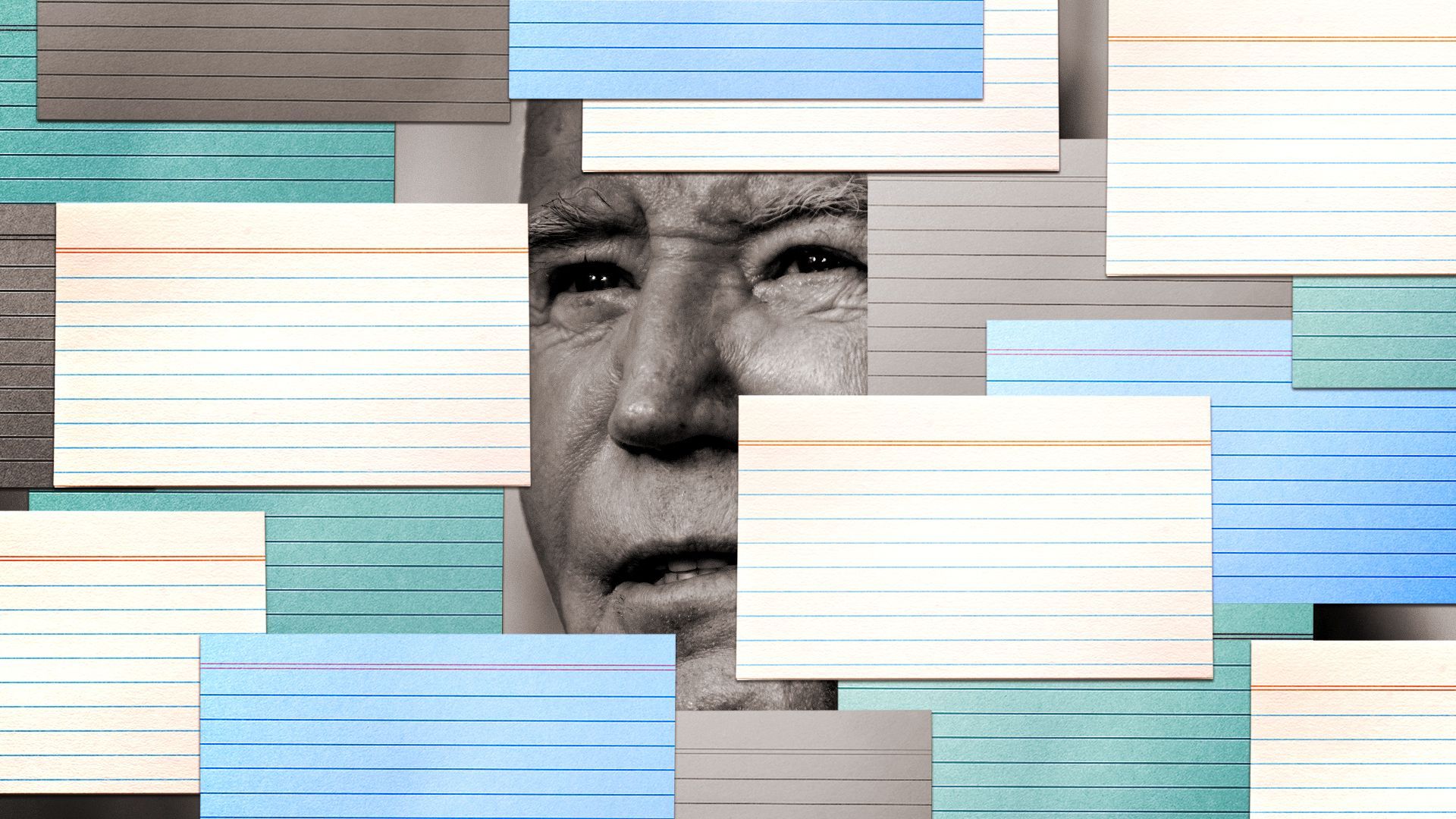 Photo illustration of Biden behind a wall of layered lined notecards.