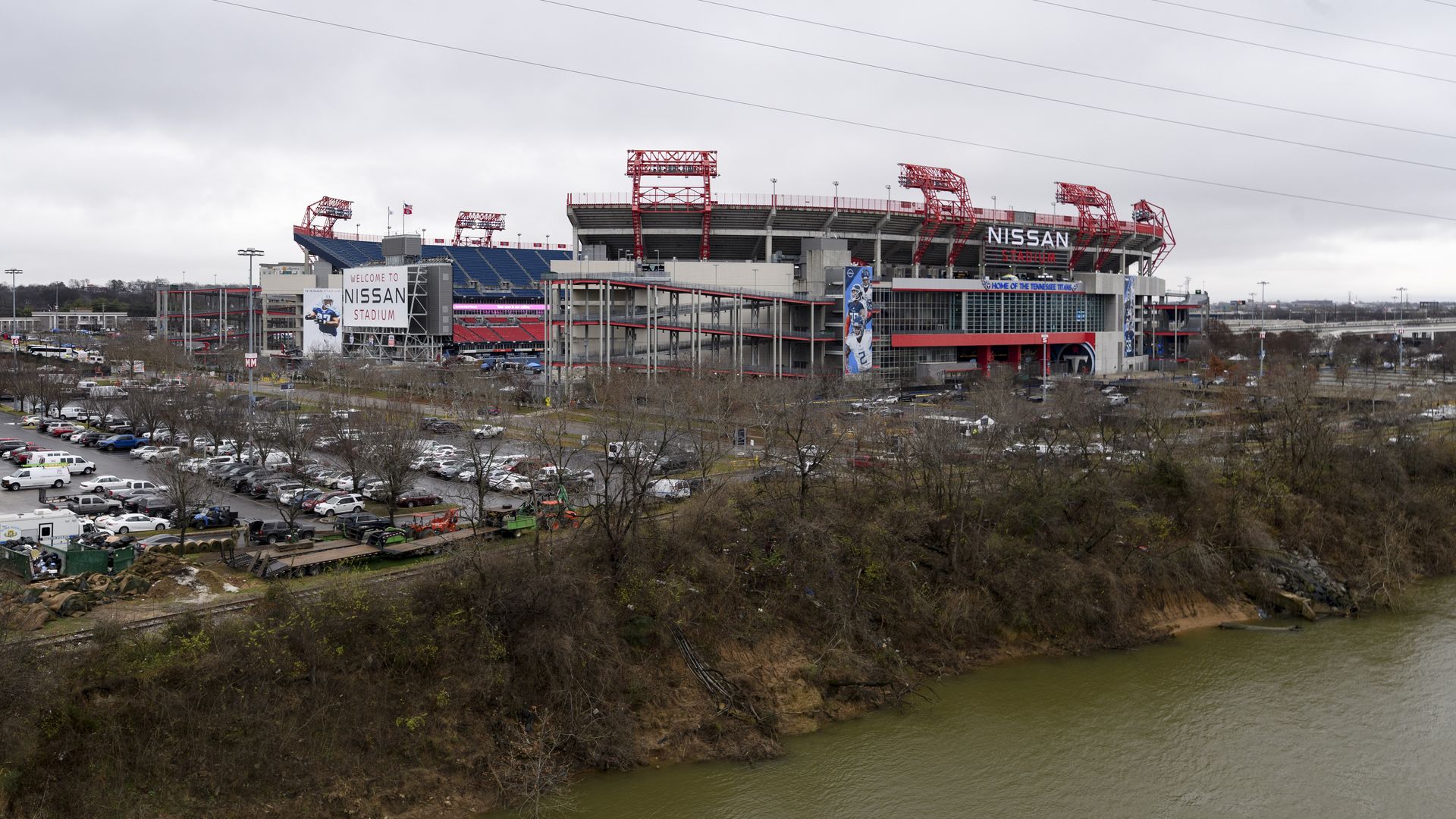An exterior shot of Nissan Stadium on the Cumberland River