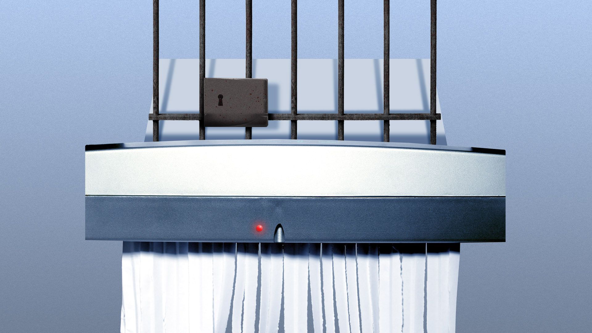 Illustration of a paper shredder shredding a jail cell door