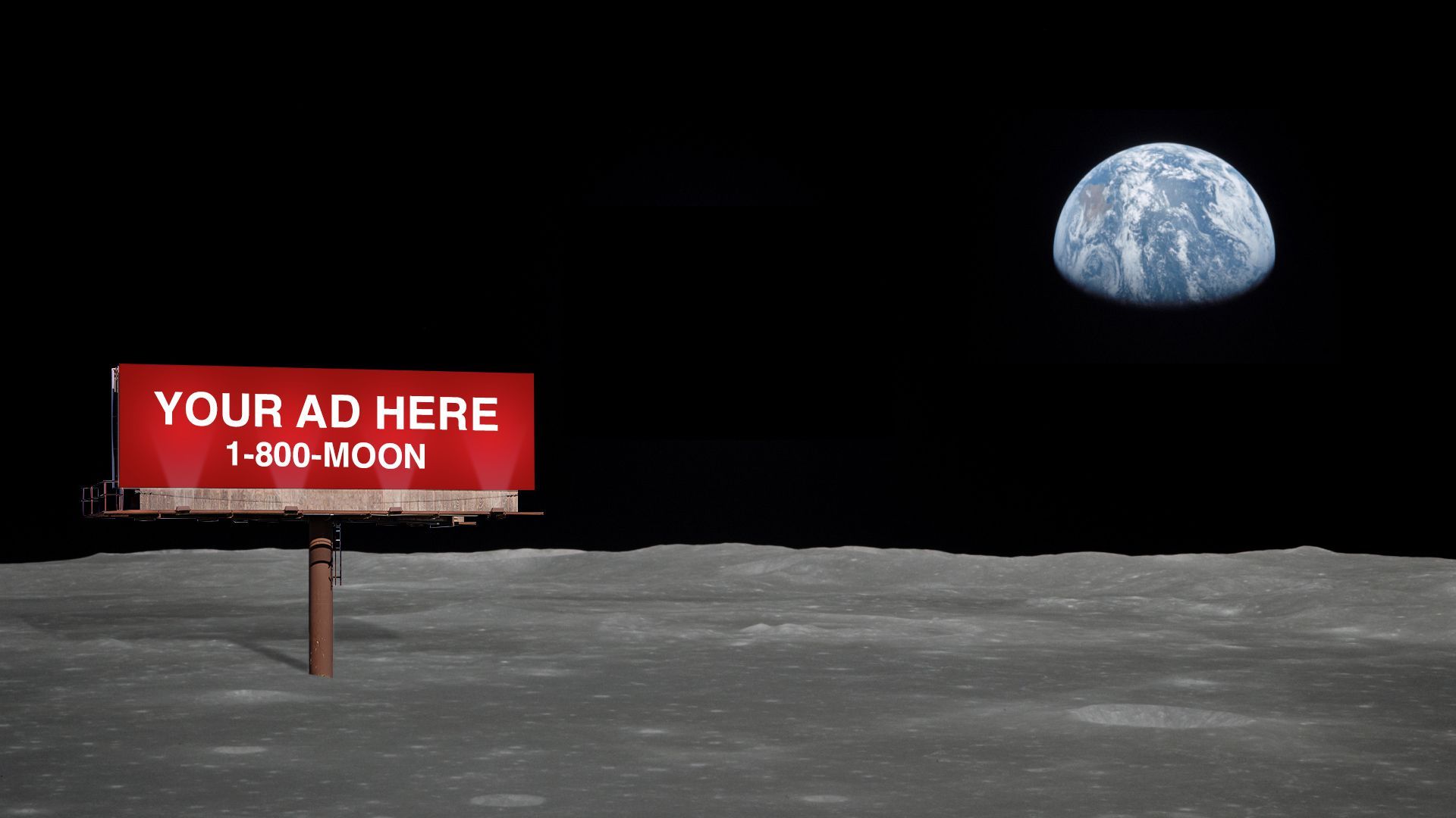 Illustration of the surface of the Moon with a billboard that reads, "Your Ad Here, 1-800-MOON".