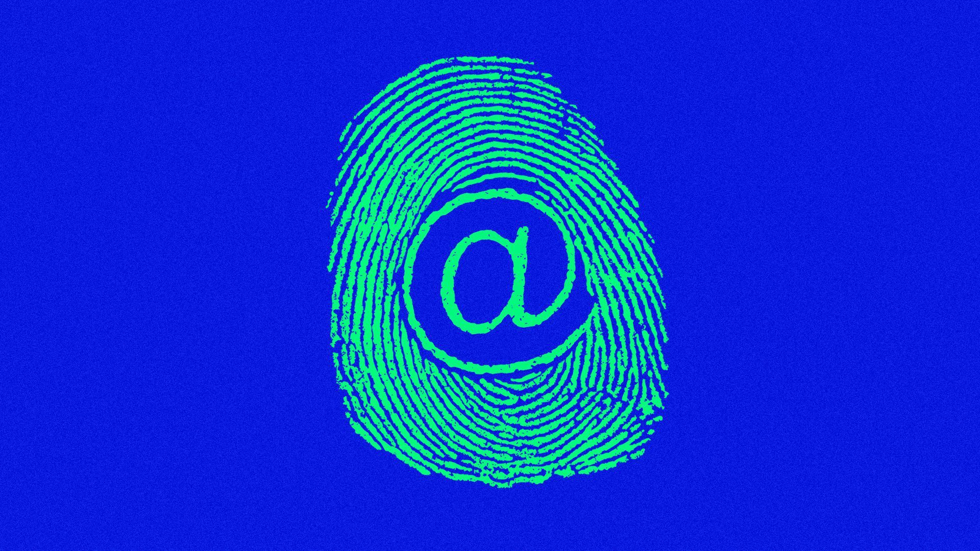 An illustration of a thumbprint with the email sign at center.