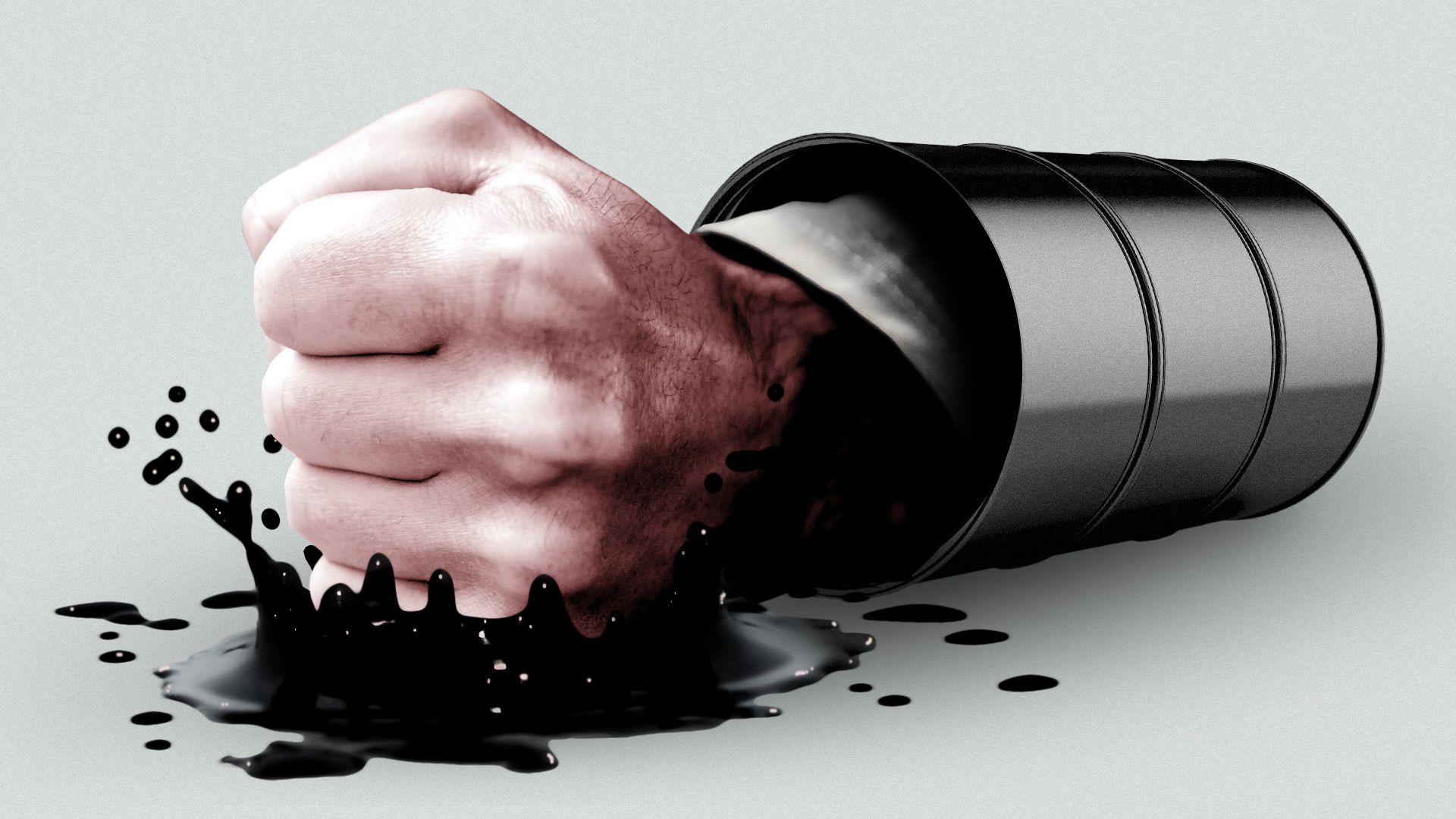 Illustration of a fist with an oil barrel sleeve slamming the ground and splattering oil