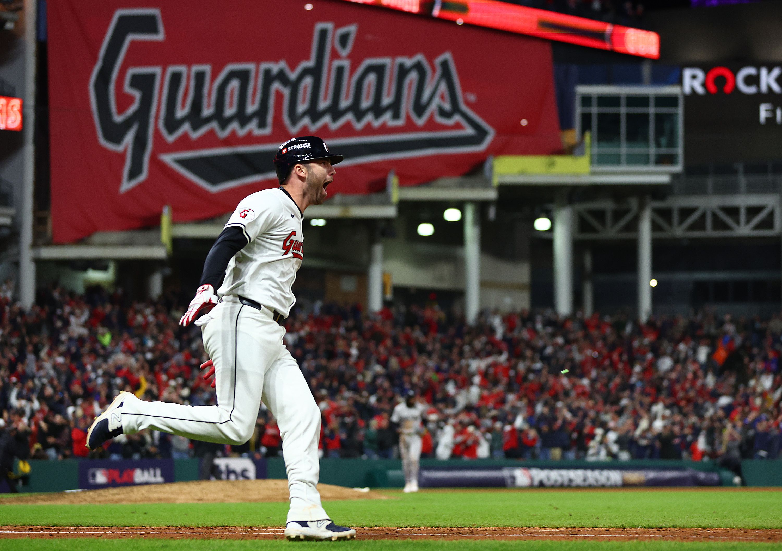 David Fry runs around the bases at Progressive Field 