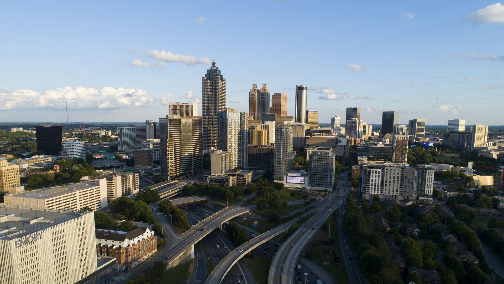 ATLANTA, GEORGIA - MAY 15: In an aerial view, the downtown skyline is seen from the I-75/85 Downtown Connector on May 15, 2024, in Atlanta, Georgia. Atlanta is one of the host cities for the 2026 World Cup. (Photo by Alex Slitz - FIFA/FIFA via Getty Images)