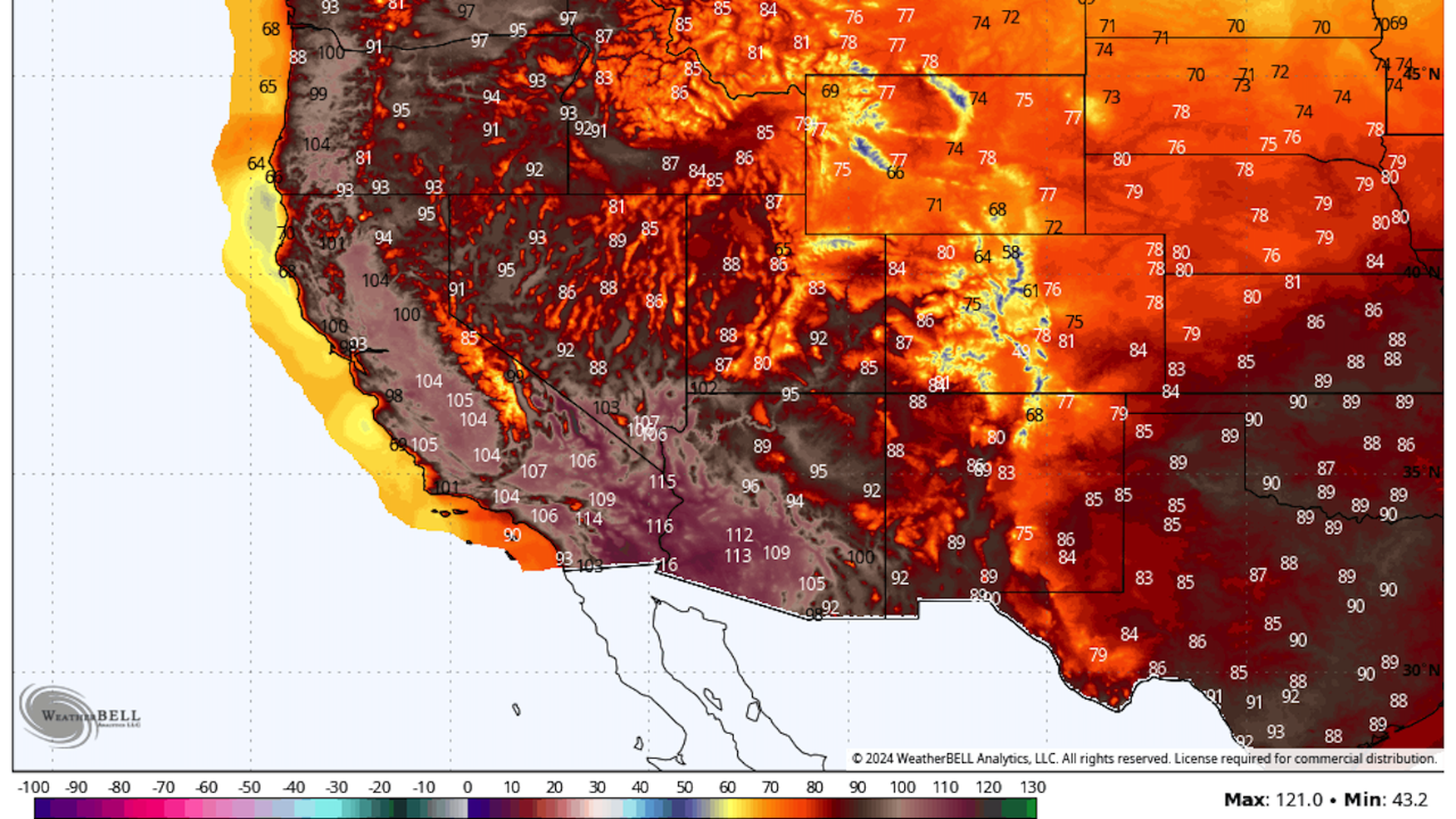Map showing forecast high temperatures across the western U.S. on Sept. 5, 2024.