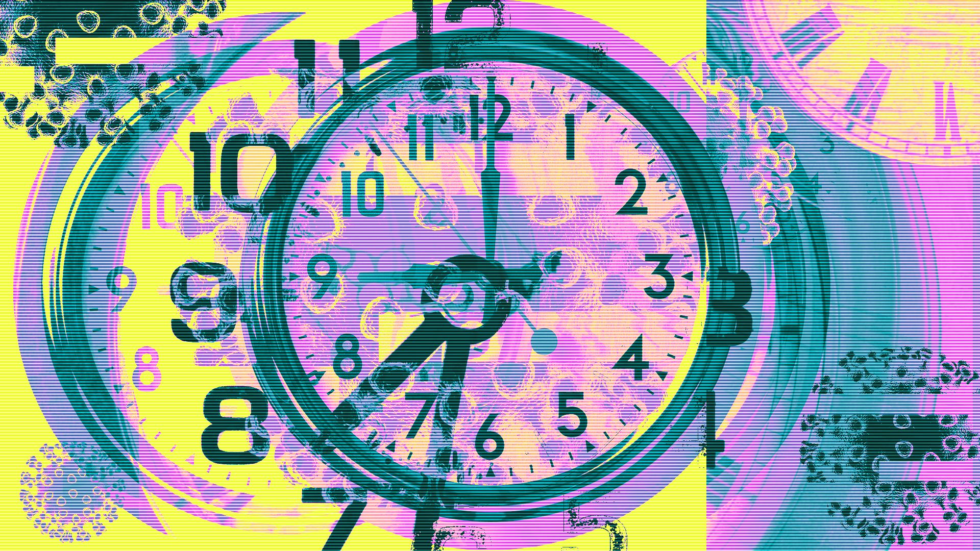 Illustration of a collage of clocks and COVID-19.