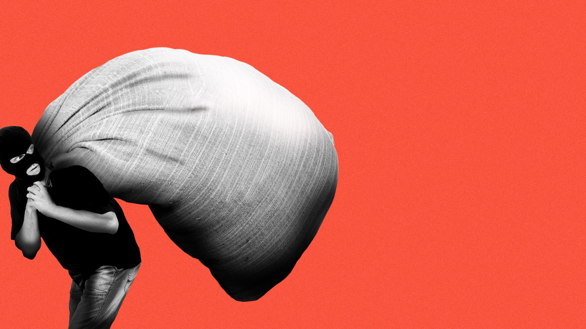 Illustration of a burglar in a ski mask holding a giant sack
