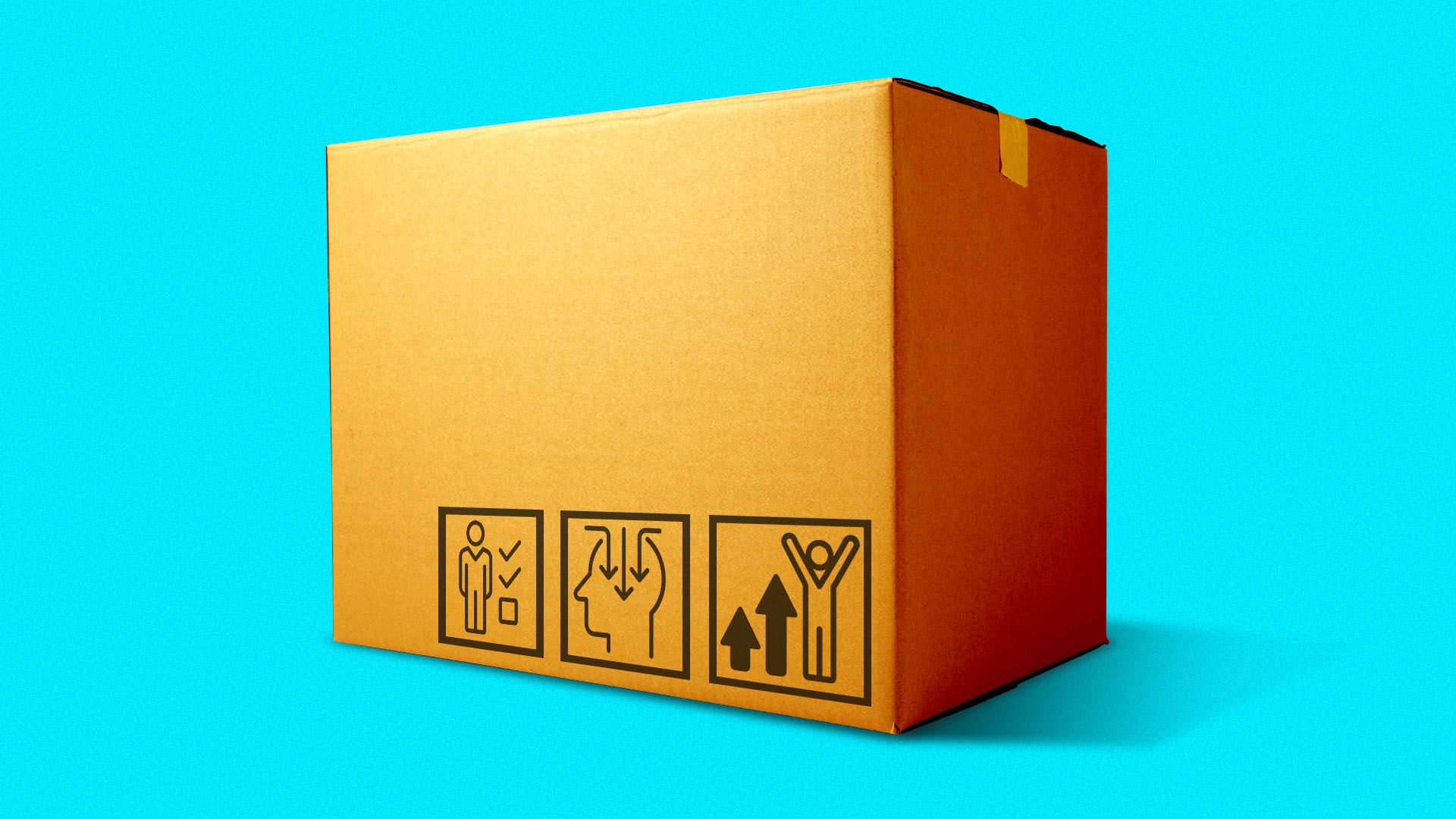 Illustration of a cardboard delivery box with icons related to improving worker skills on the side