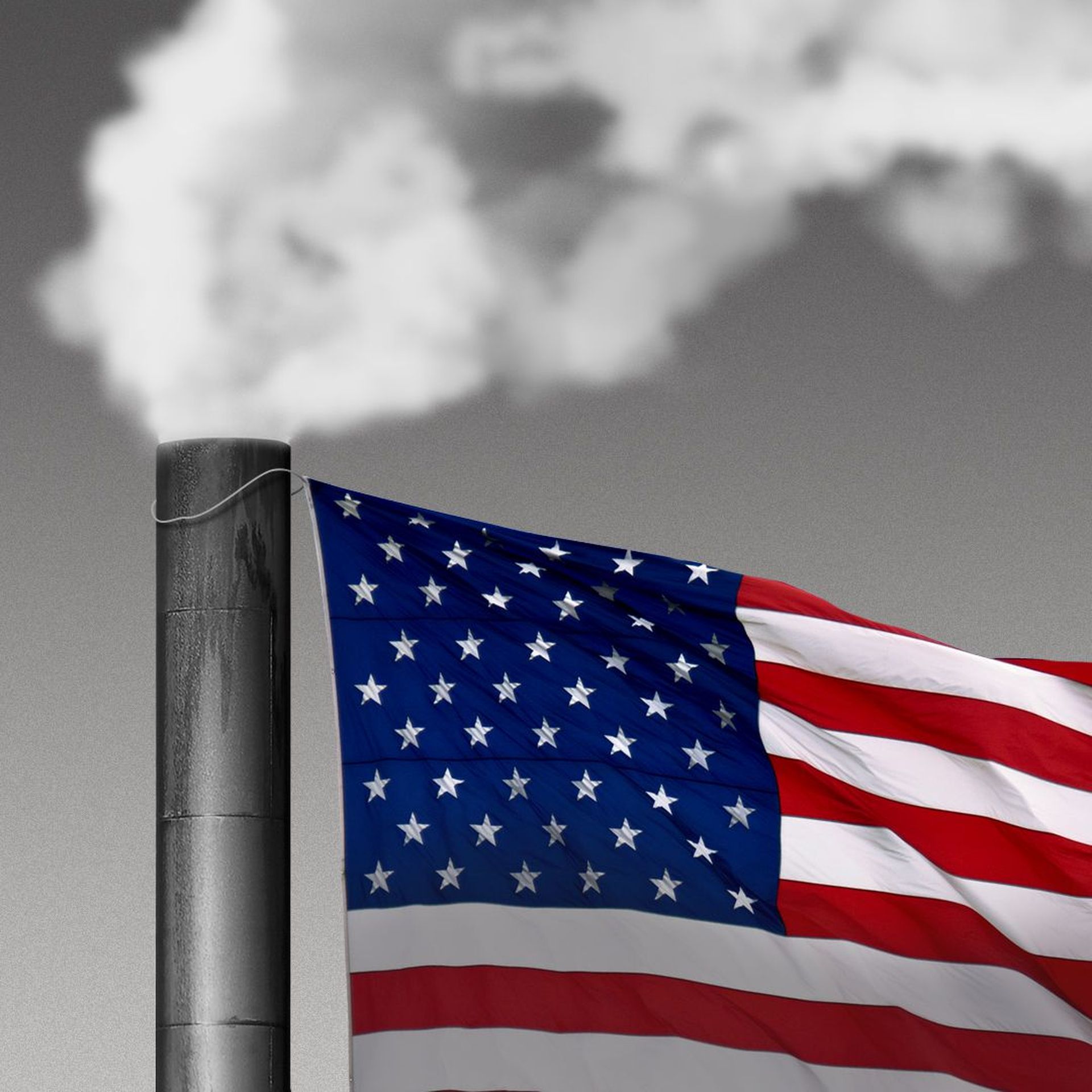 Illustration of a smokestack with an American flag on it.
