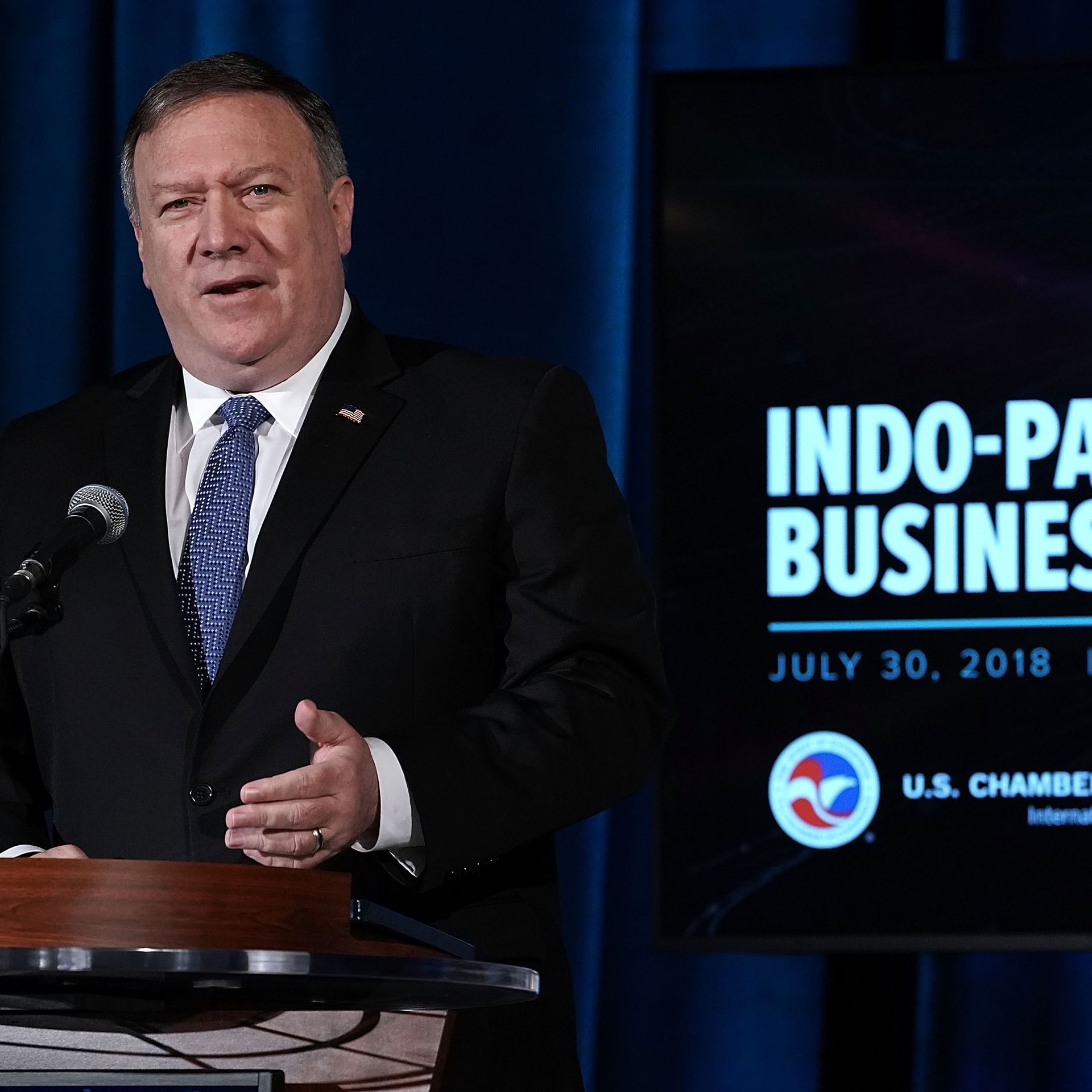 Secretary of State Pompeo speaks during the Indo-Pacific Business Forum at the U.S. Chamber of Commerce on July 30, 2018, in Washington, DC.