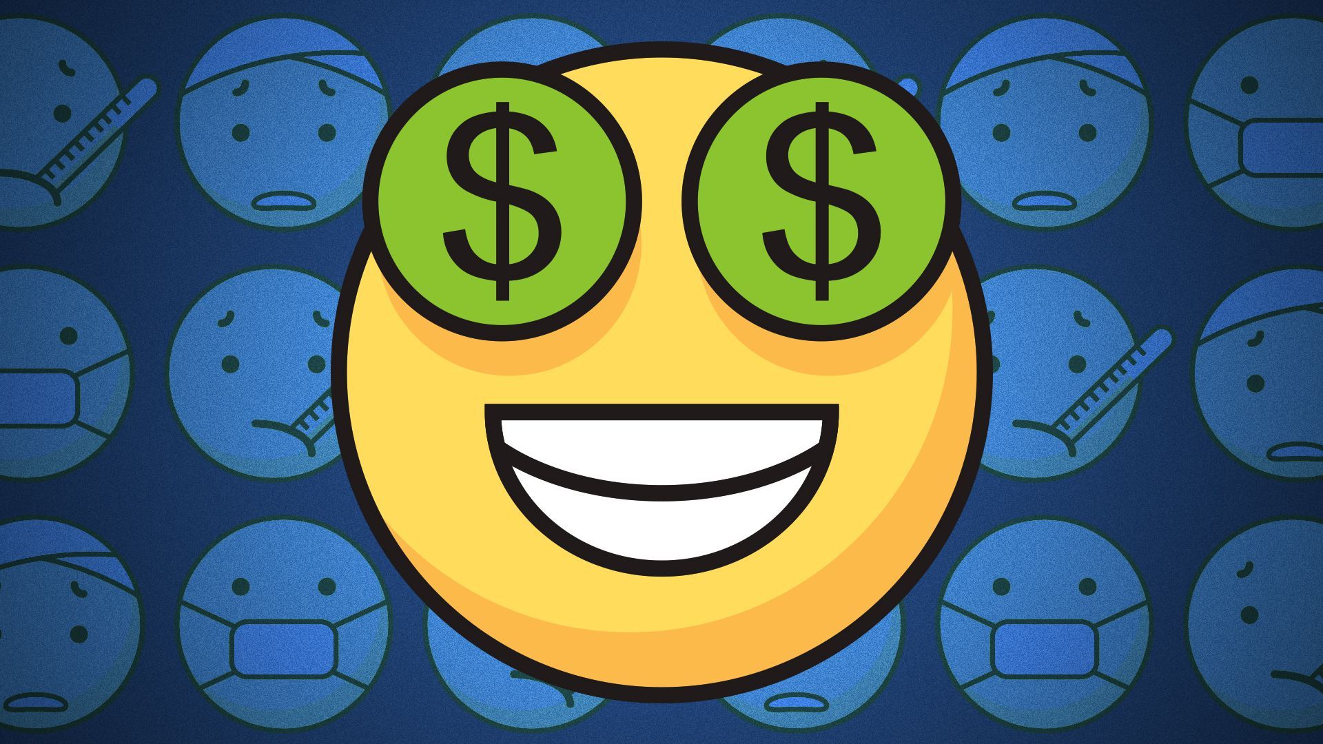 Illustration of emoji with money symbols for eyes surrounded by sick emoji.