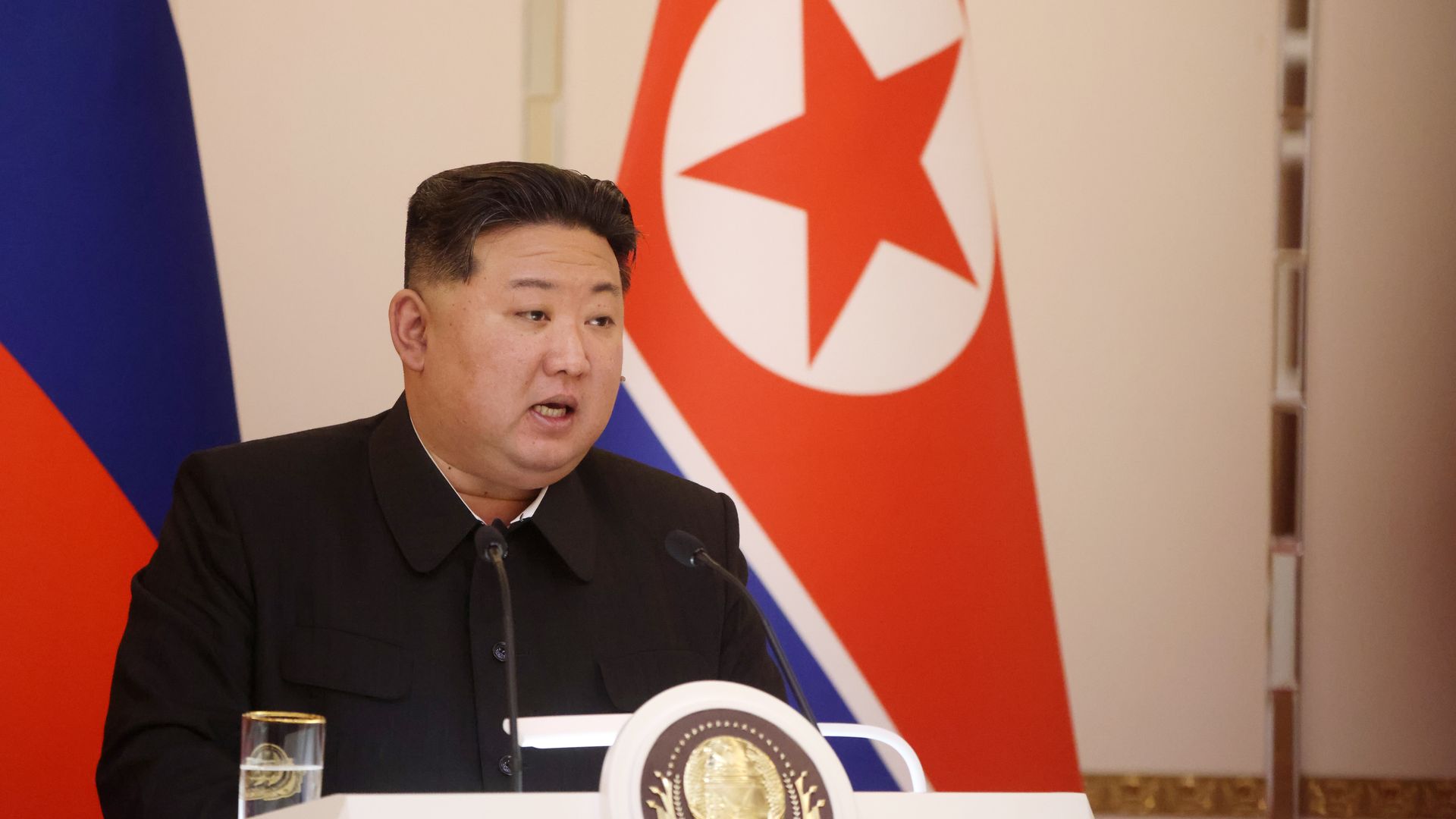 Kim Jong Un speaks during a press confernce, June 19, 2024, in Pyongyang, North Korea.