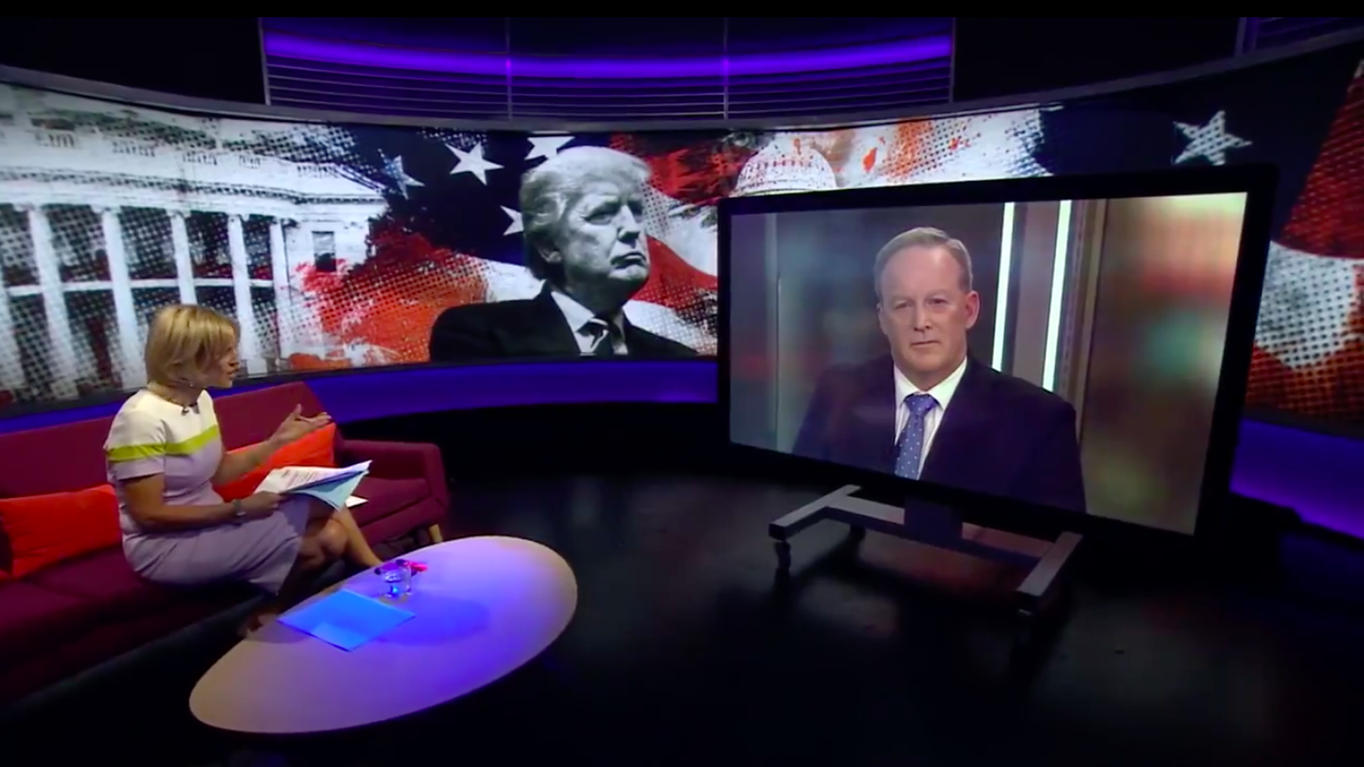 BBC's Emily Maitlis interviewing Sean Spicer via satellite.