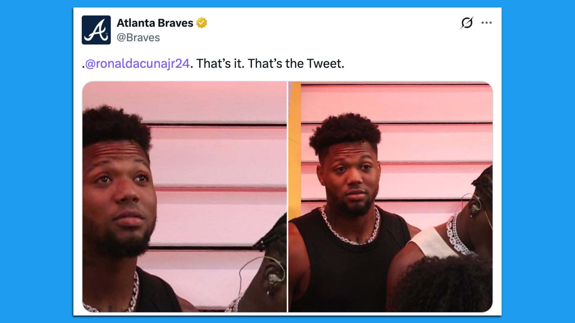 Screenshot of Atlanta Braves tweet featuring two photos of a man with short curly hair, a beard, a silver chain, black sleeveless shirt, against a pink wall background.