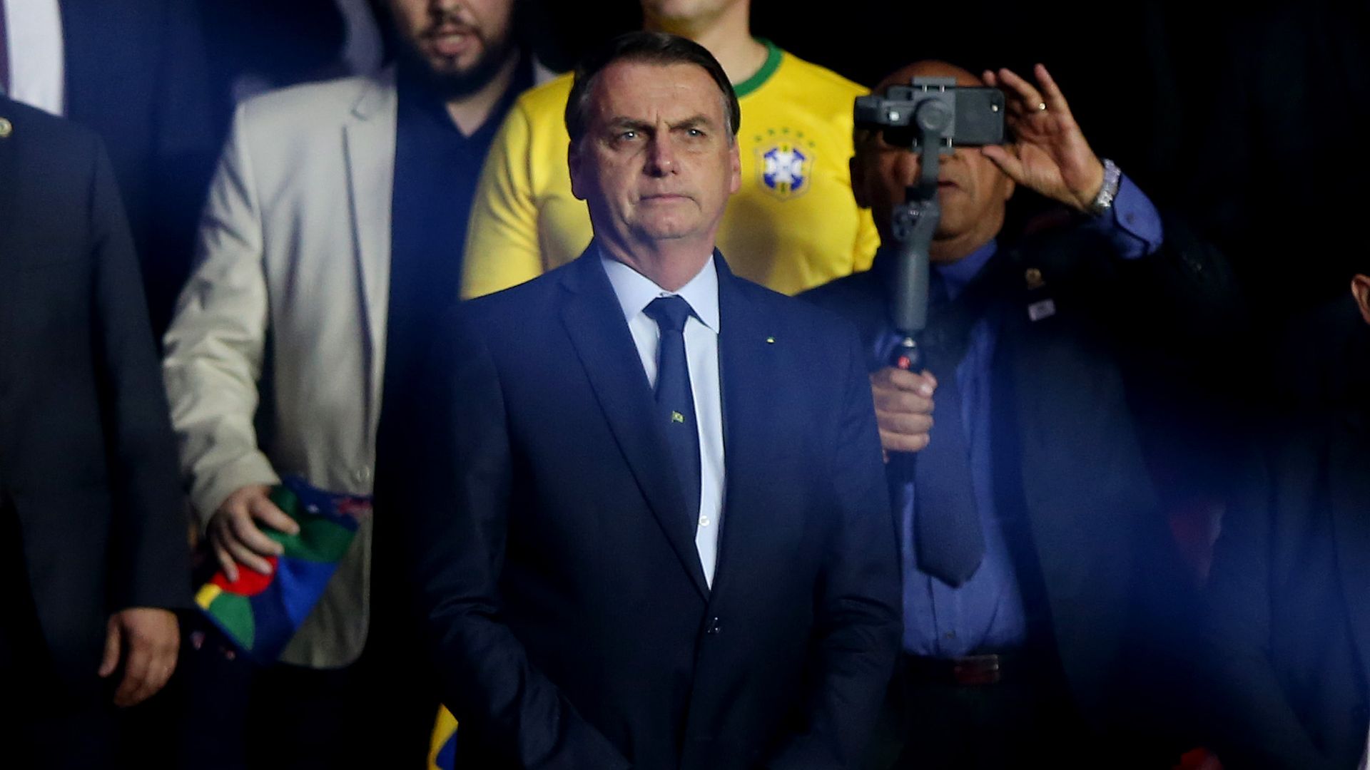 President of Brazil Jair Bolsonaro looks on during the Copa America Brazil 2019 Opening Ceremony on June 14, 2019 in Sao Paulo, Brazil.