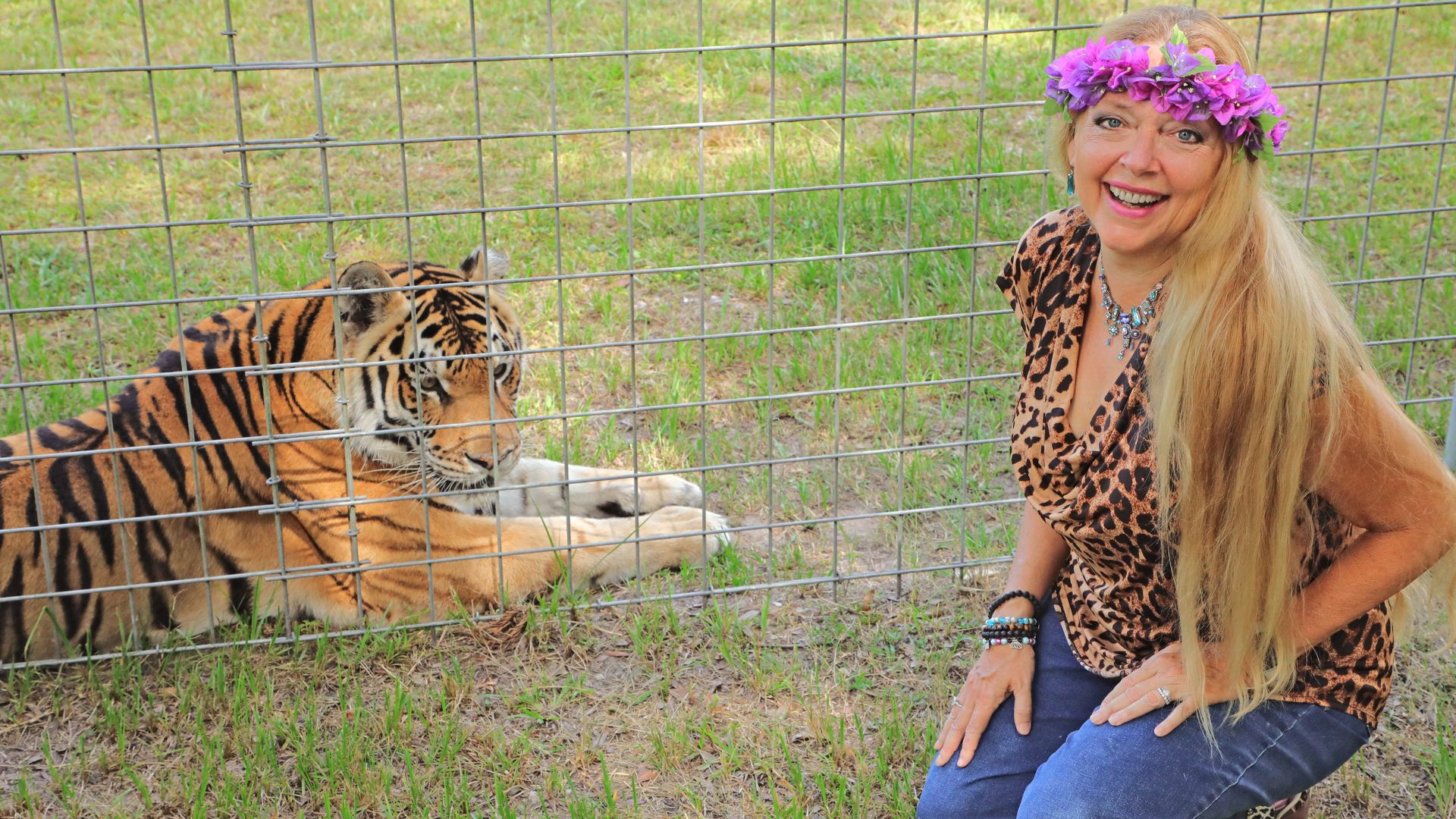 Carole Baskin wearing a cheetah print shirt and a purple flower crown posing next to a tiger behind a wire fence