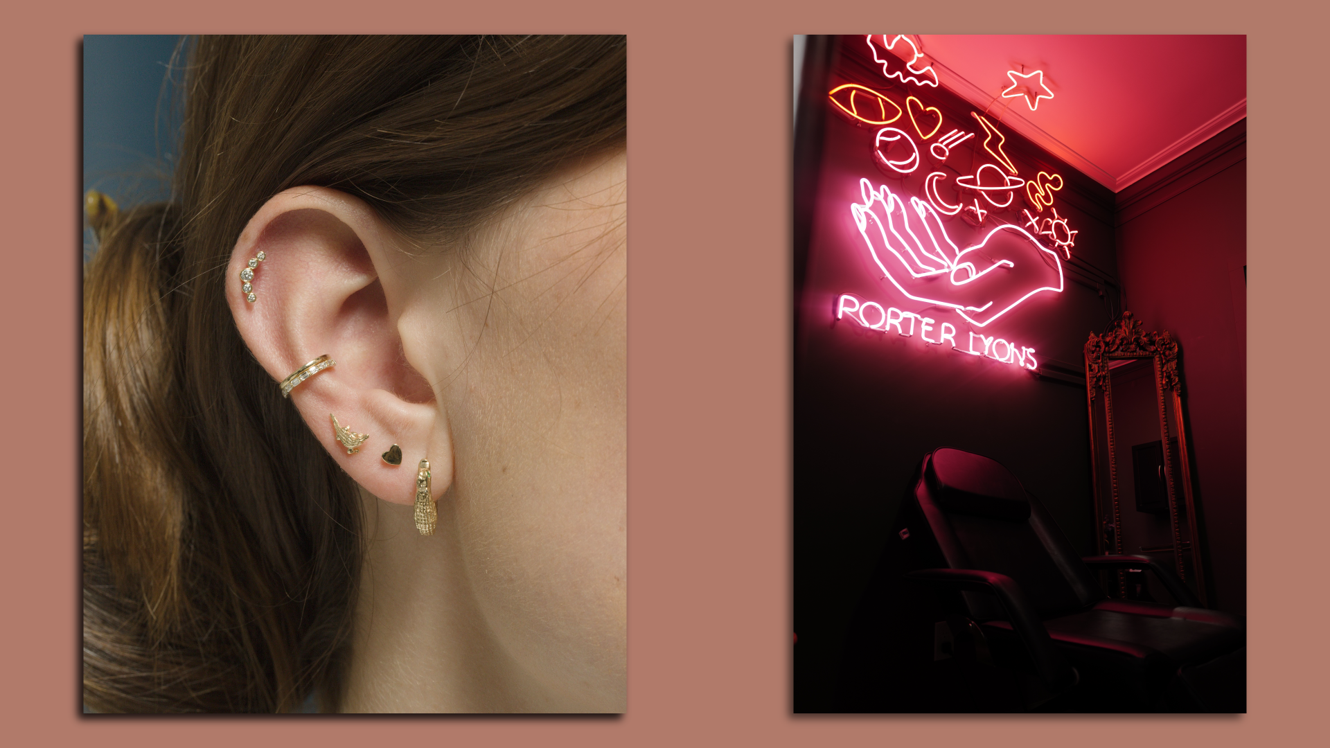 At left, a close-up photo of a person's ear with multiple piercings. At right, a leather chair sits underneath a neon sign that says Porter Lyons.