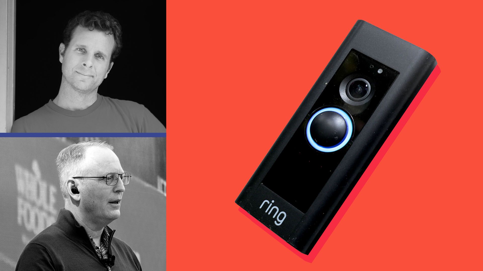 Photo illustration of Ring CEO Jamie Siminoff, Amazon's CEO Dave Limp, and a Ring doorbell camera 