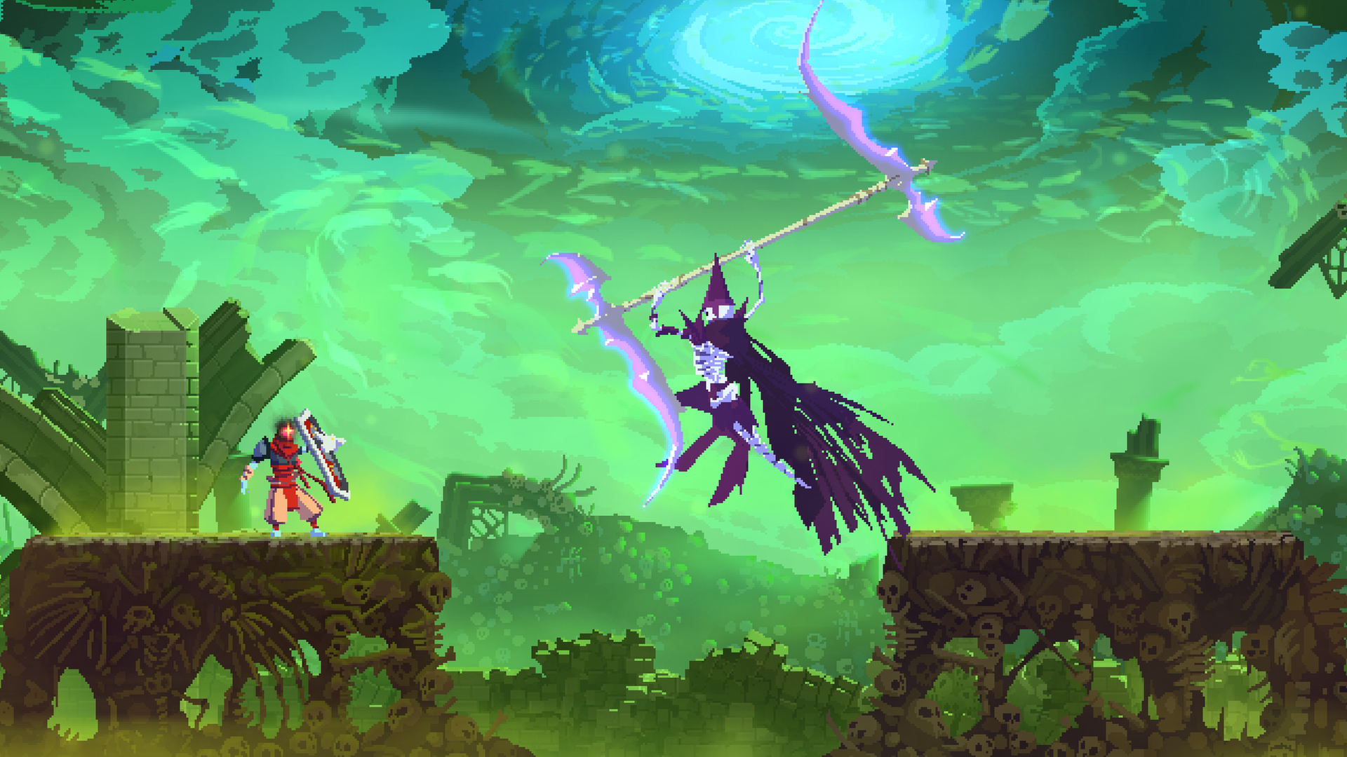 Video game screenshot of a warrior with a shield facing off against a skeleton with a scythe. The sky behind them is green