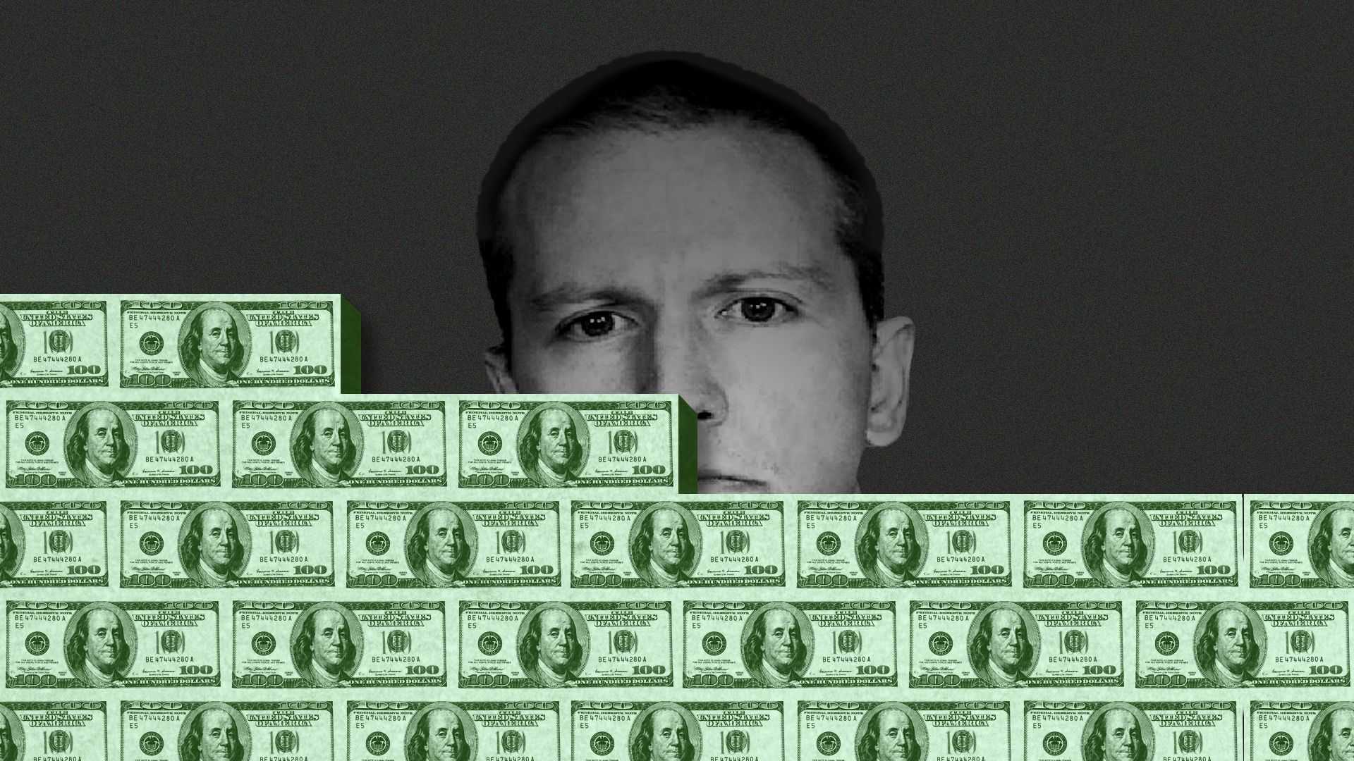 Photo illustration of Derek Chauvin behind a brick wall made of hundred-dollar bills.