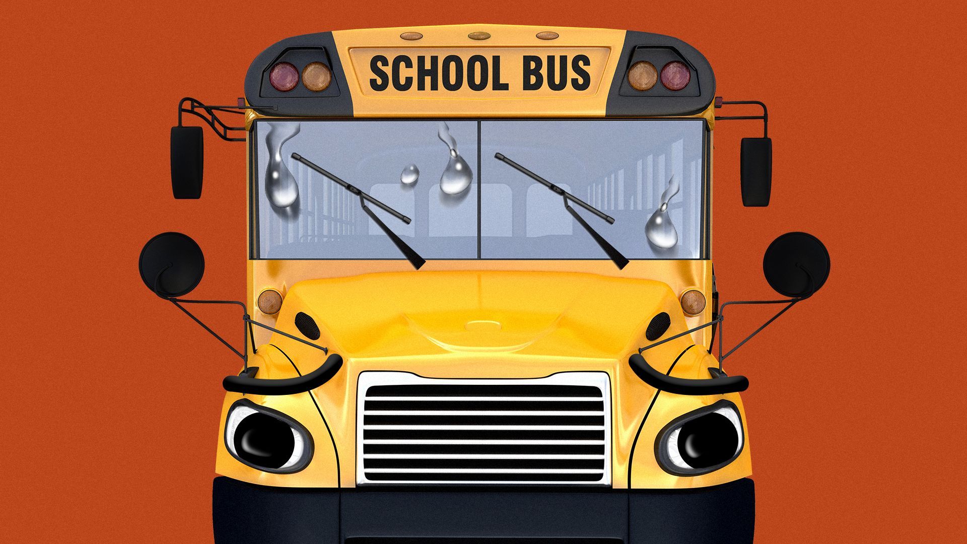 Illustration of a school bus with sweat drops on the windshield.