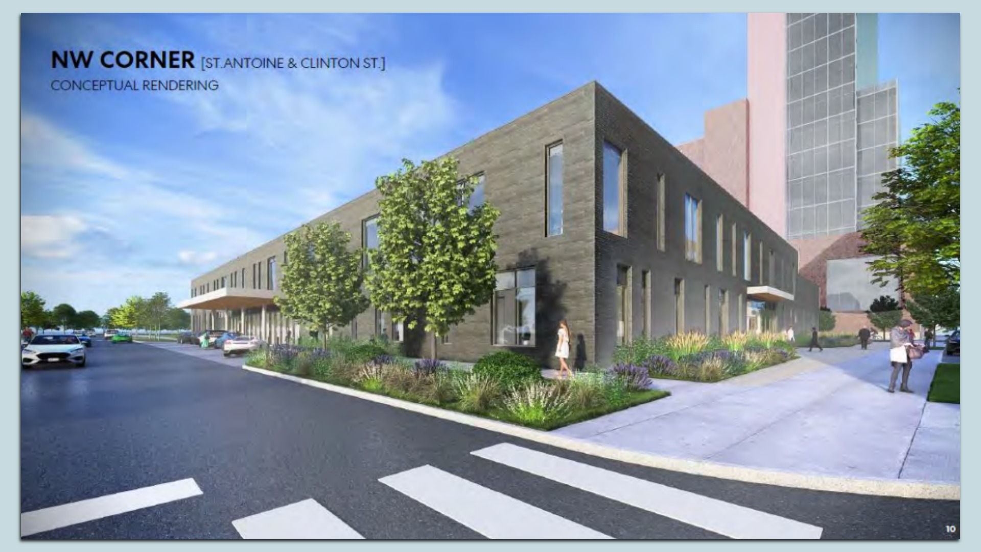 Conceptual rendering of a modern dark brick building with trees, greenery, people walking, cars and a clear blue sky.