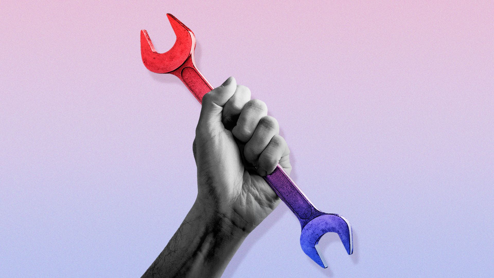 Illustration of a hand holding a wrench that is shifting in color from blue to red.