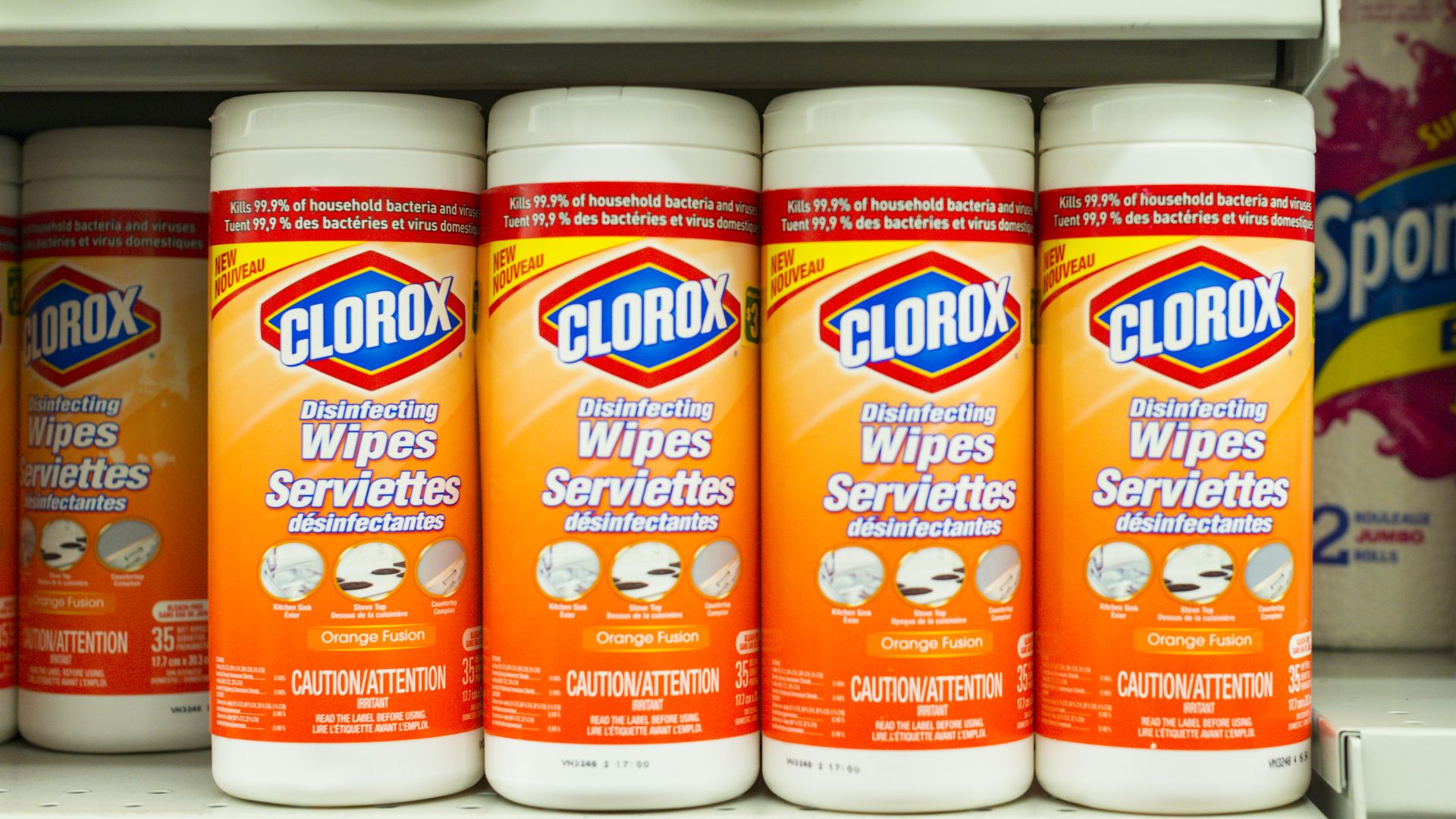 Bottles of Clorox disinfectant wipes. 