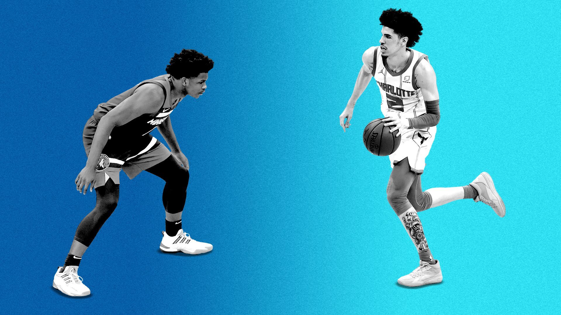 Photo illustration of Anthony Edwards defending a driving LaMelo Ball.