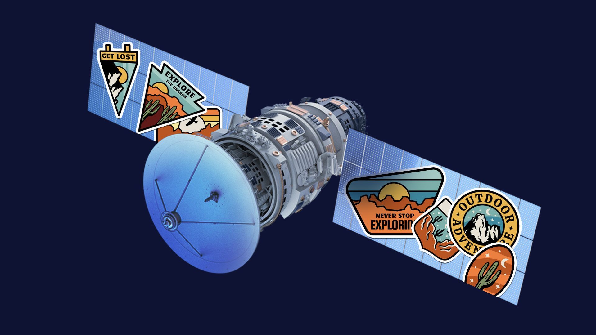 Illustration of a satellite with outdoors stickers all over the panels
