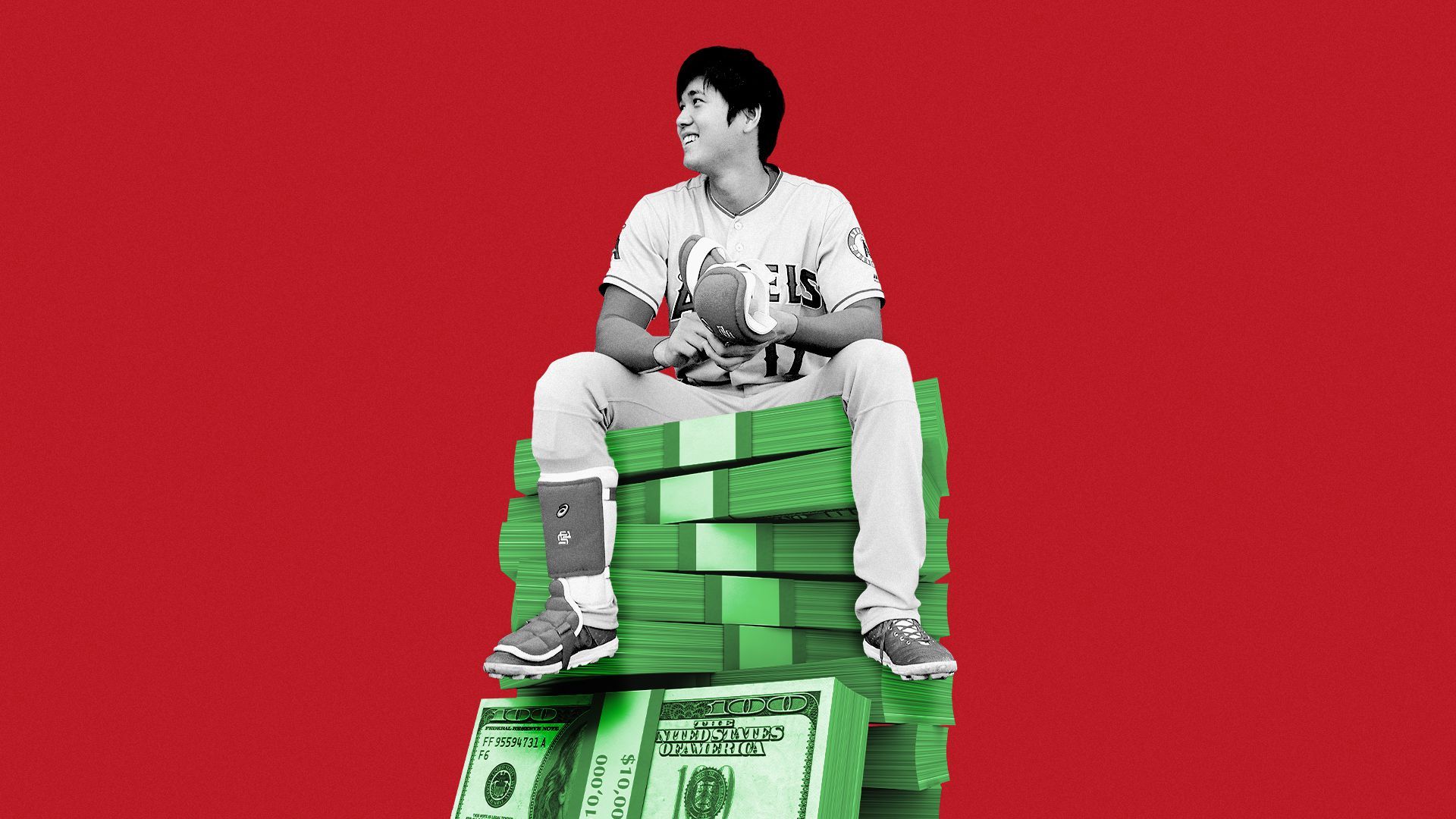 Photo illustration of Shohei Ohtani sitting on a bundle of cash
