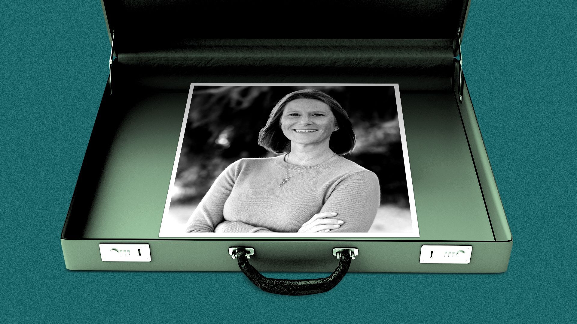 Photo illustration of a briefcase with a photo of Michelle Yepez inside. 