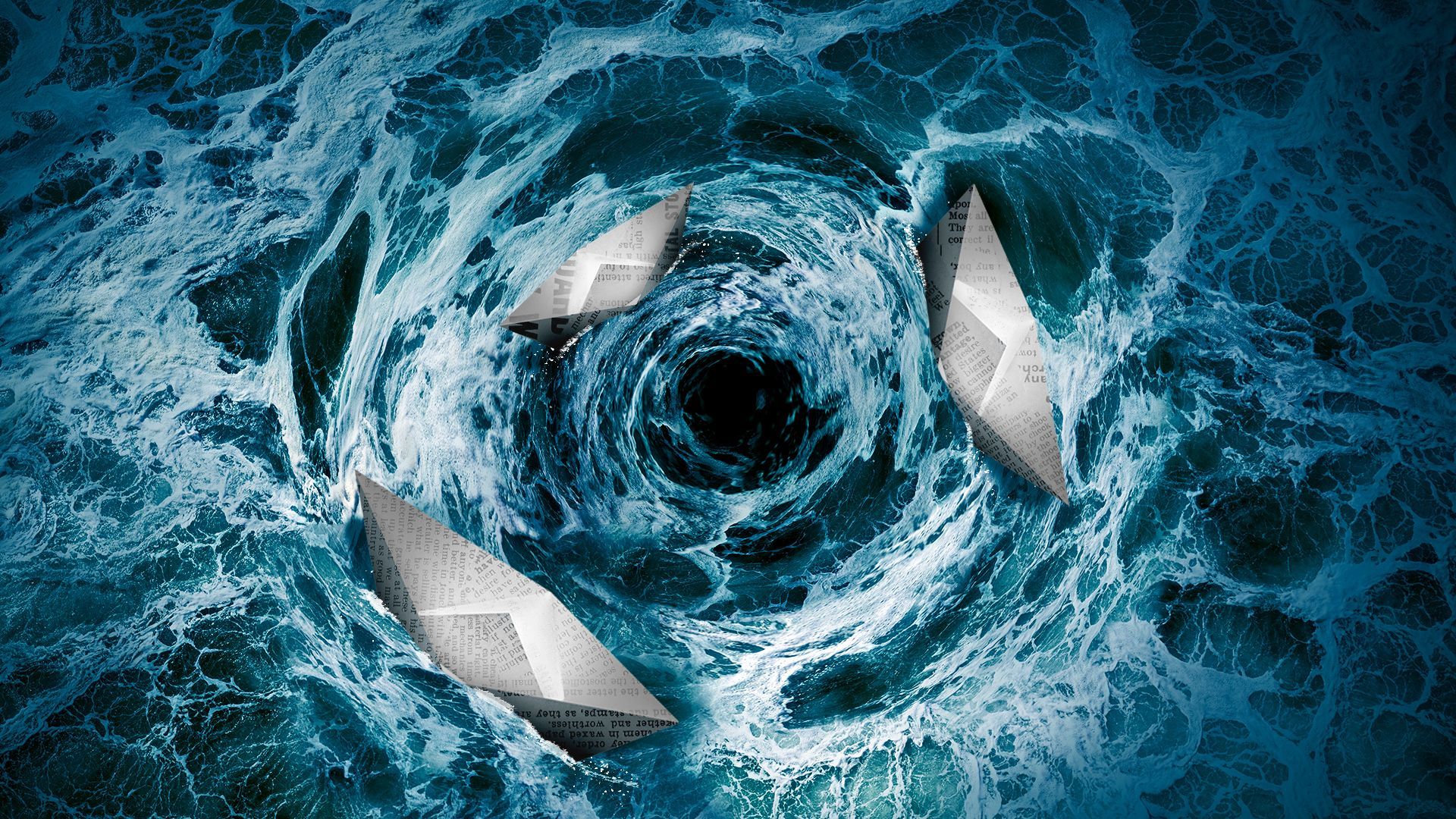 Illustration of several ships made out of origami newspaper circling down a maelstrom. 