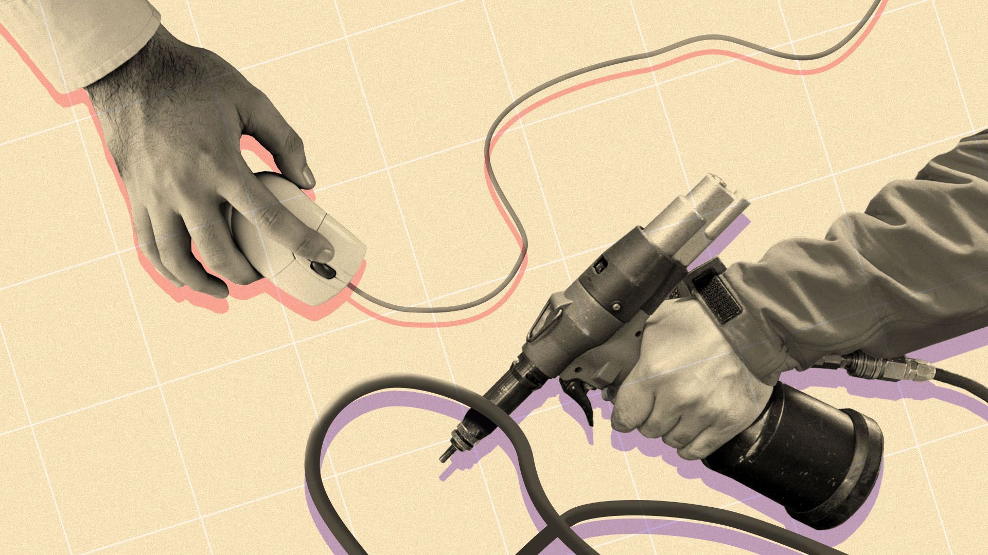 Illustration of a hand on a mouse and a hand working with an electric tool