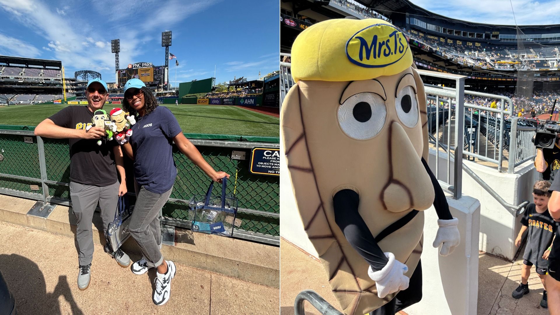 Two people at PNC Park baseball stadium holding plush toys and clear bags, posing near the outfield. Close-up of Mrs. T's mascot, a large smiling pierogi character, near fans and a cameraman.