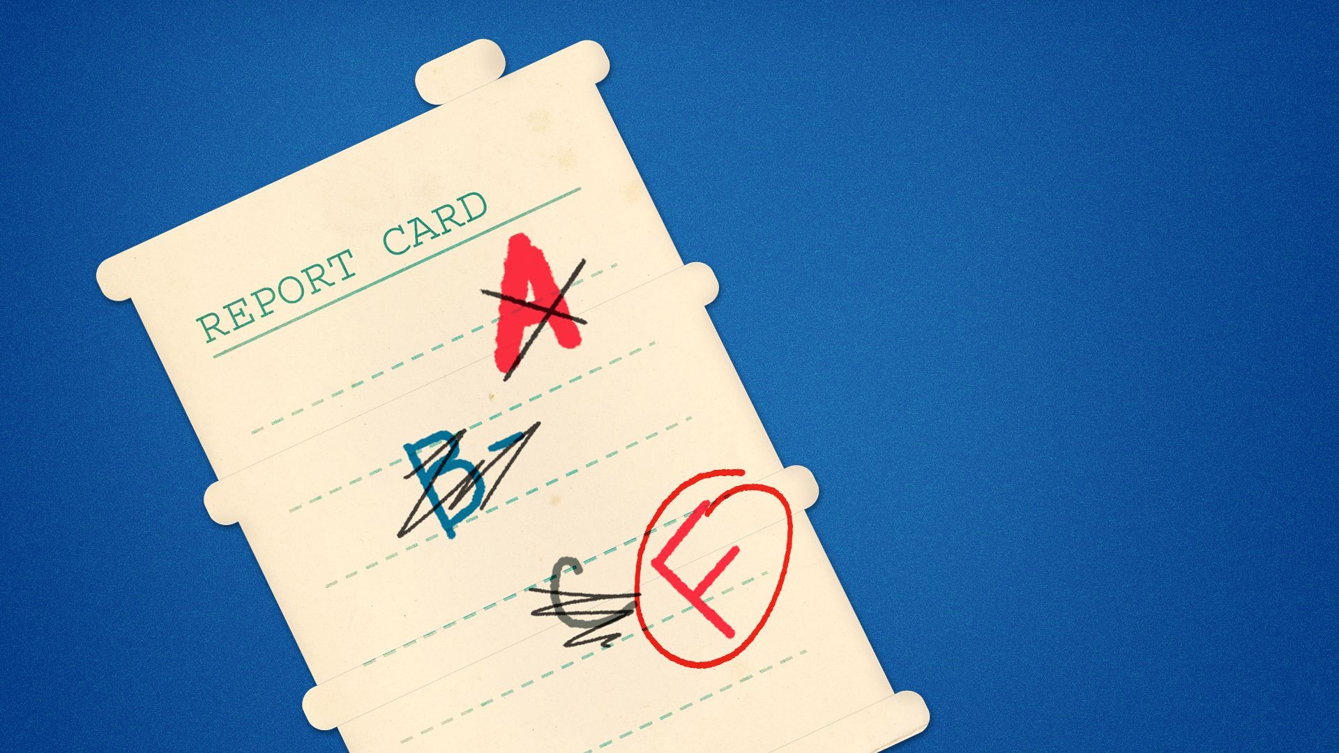 Illustration of a school report card shaped like an oil barrel showing high letter grades crossed out, with an F circled in red.