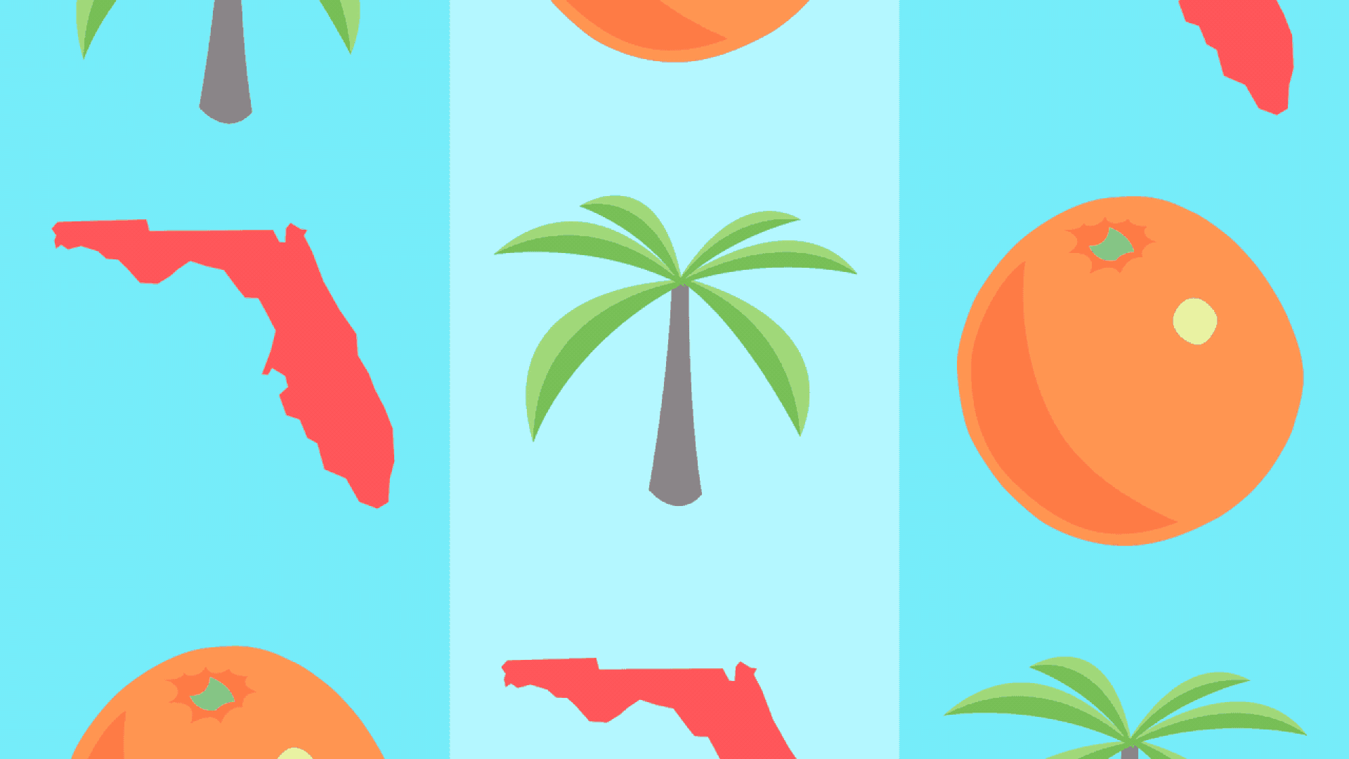 Illustration of an animated slot machine with Florida, orange, and palm tree icons, landing on three no-smoking symbols.