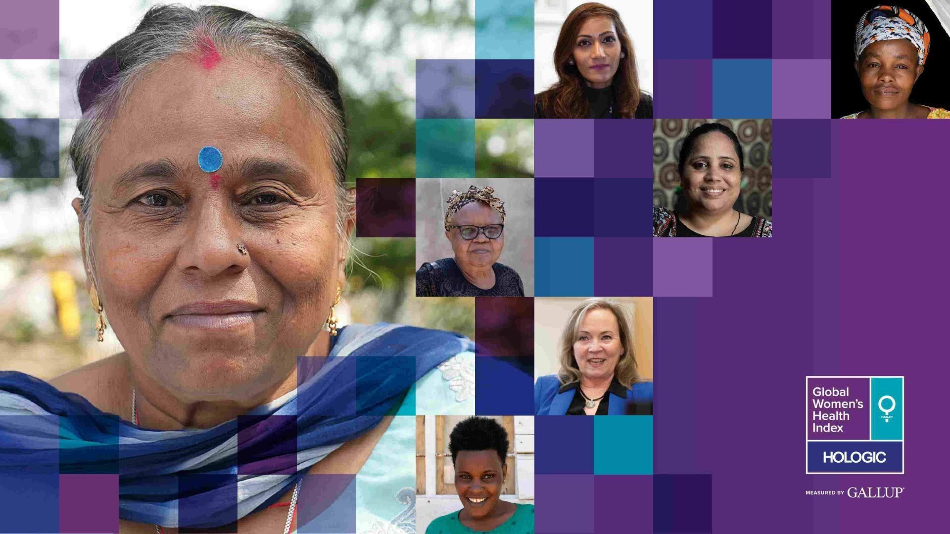 Close-up of an Indian woman with a blue scarf and red bindi, smiling slightly. A purple-blue mosaic of squares and small portraits overlays the image, with the Global Women's Health Index by Hologic logo.