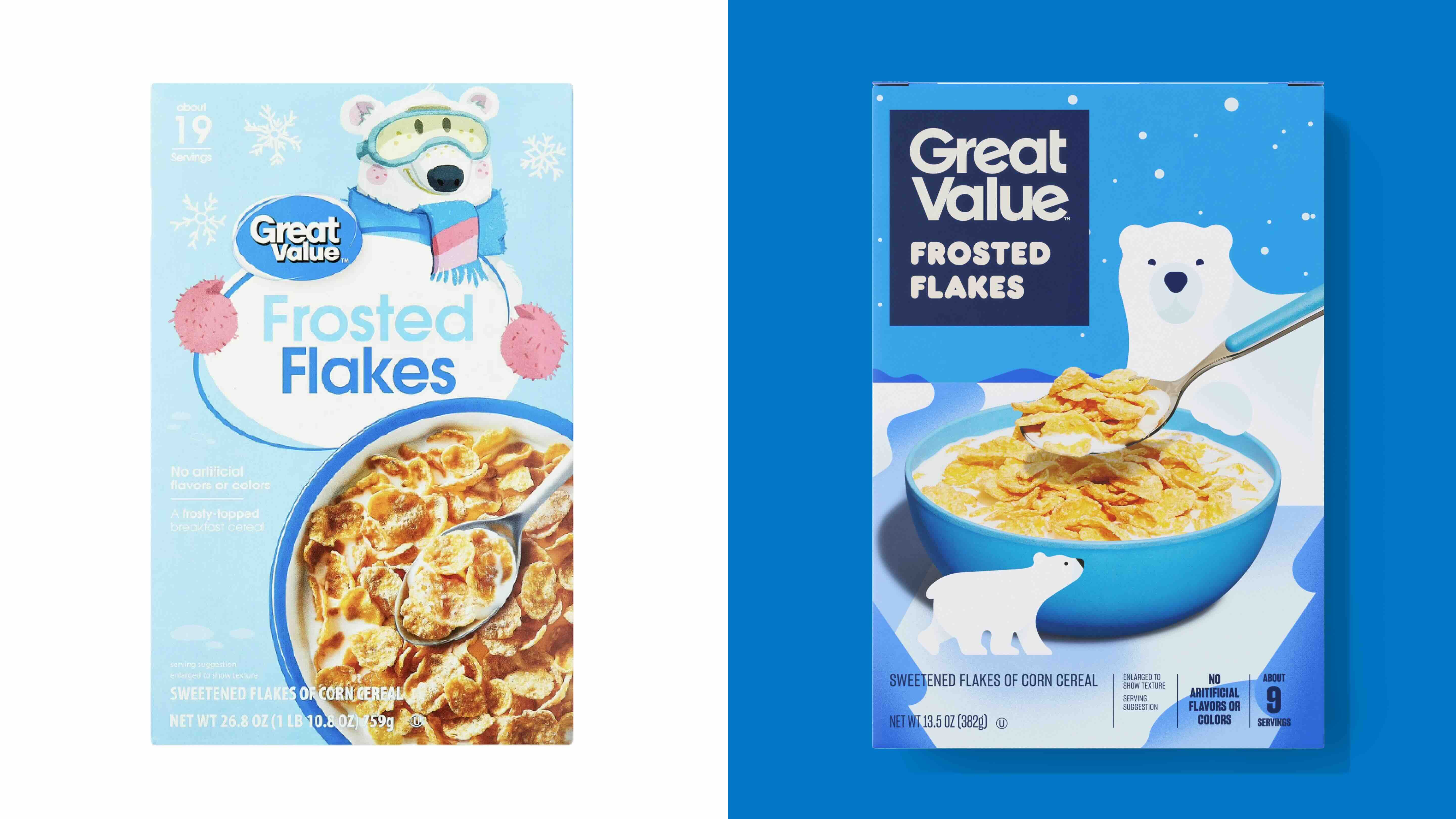 Two "Great Value Frosted Flakes" cereal boxes shown side by side: left features a light-blue box with a polar bear, snowflakes, and a bowl; right features a blue box with a polar bear and a spoon over a bowl.