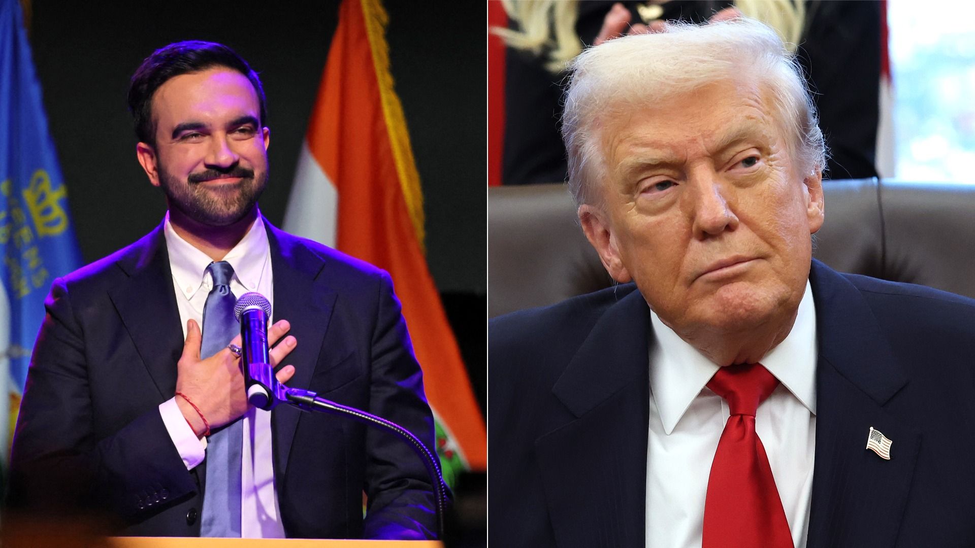 Collage of Mamdani and Trump