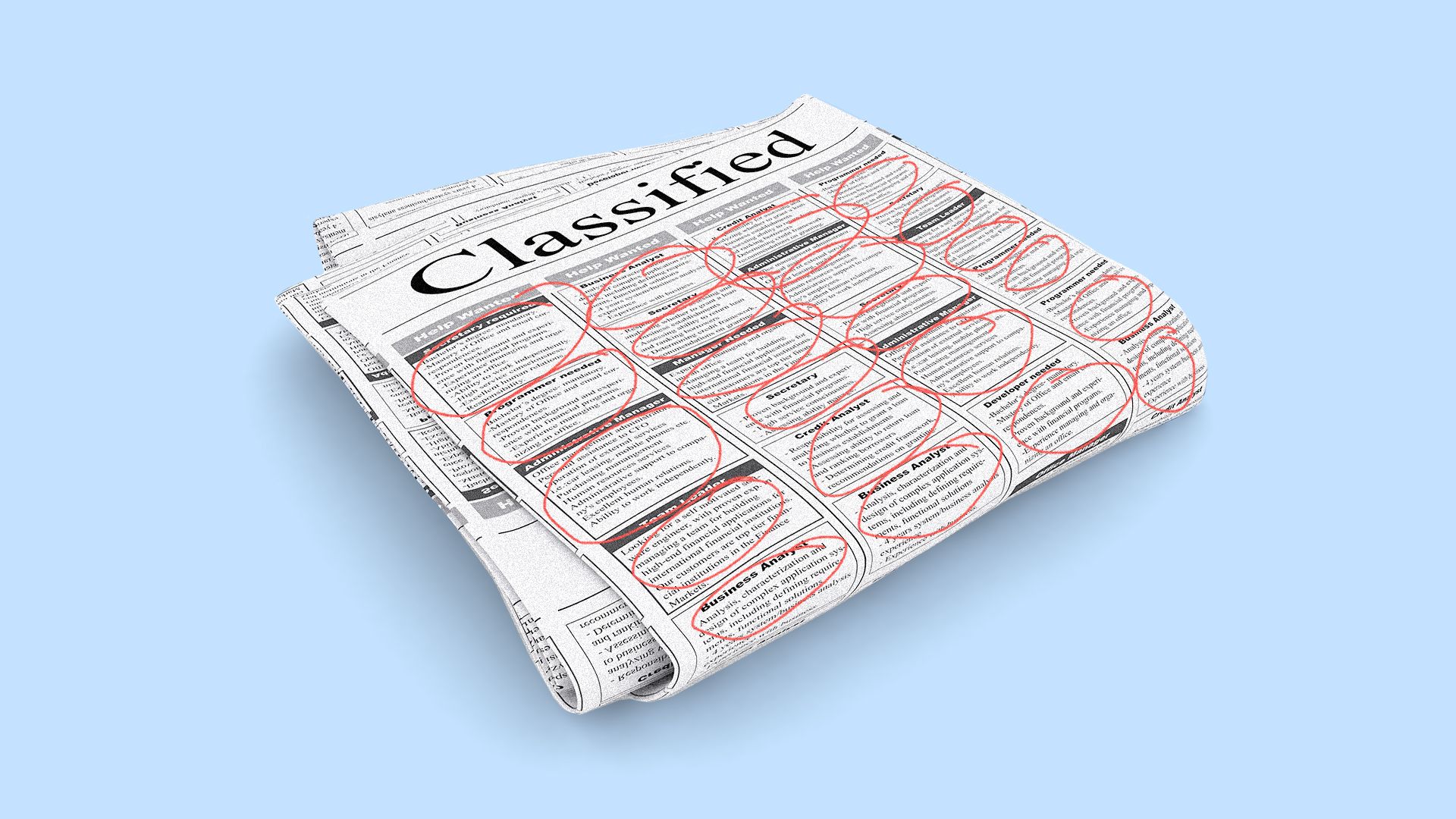 Illustration of a classified ads page in a paper with every job post circled.