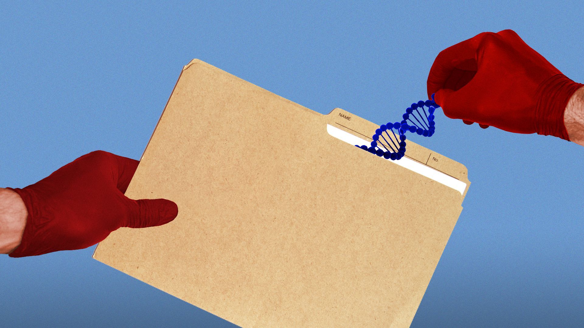 Illustration of hands with medical gloves placing a DNA strand in a folder