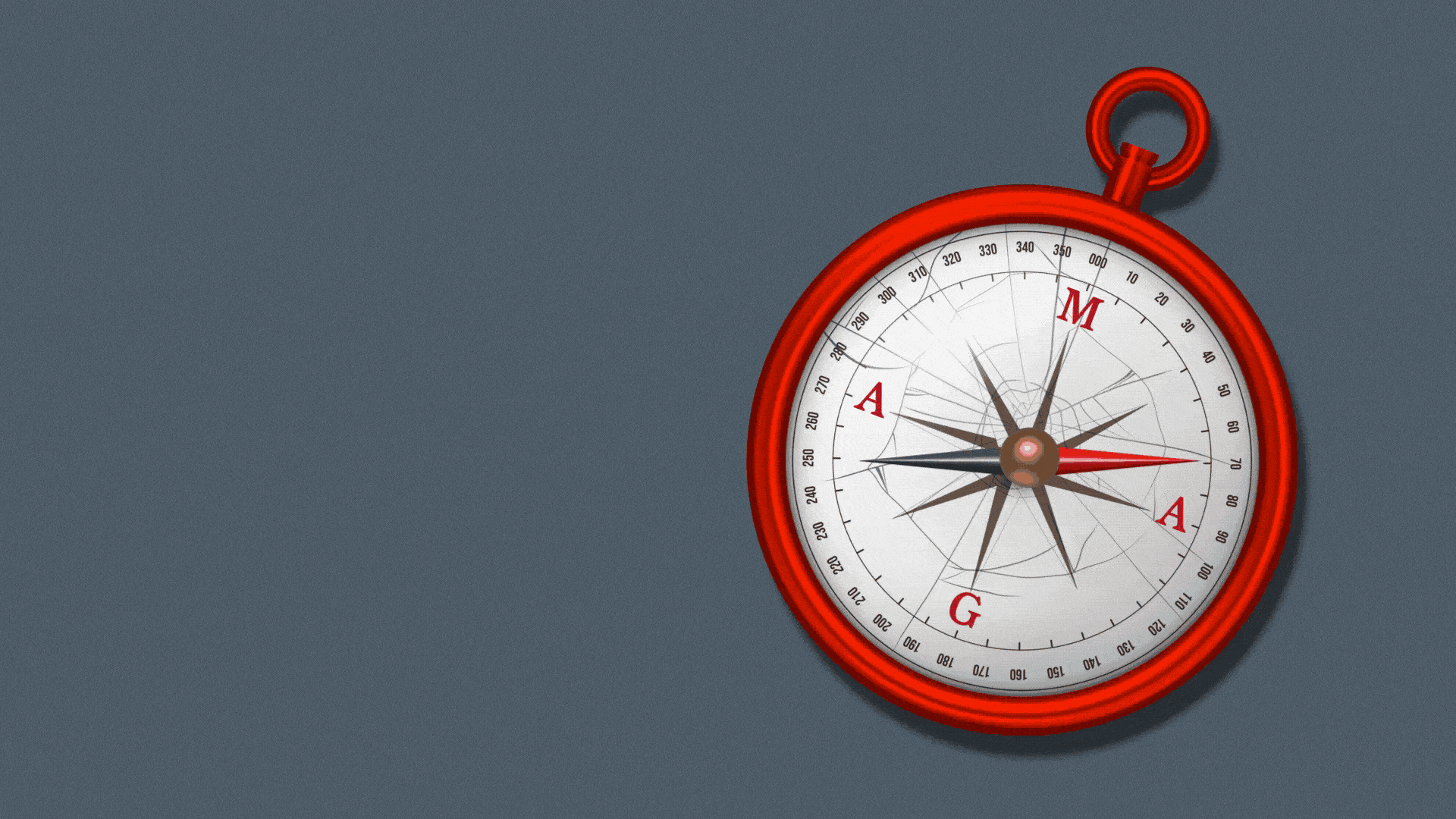 Illustration of the needle of a compass spinning repeatedly.