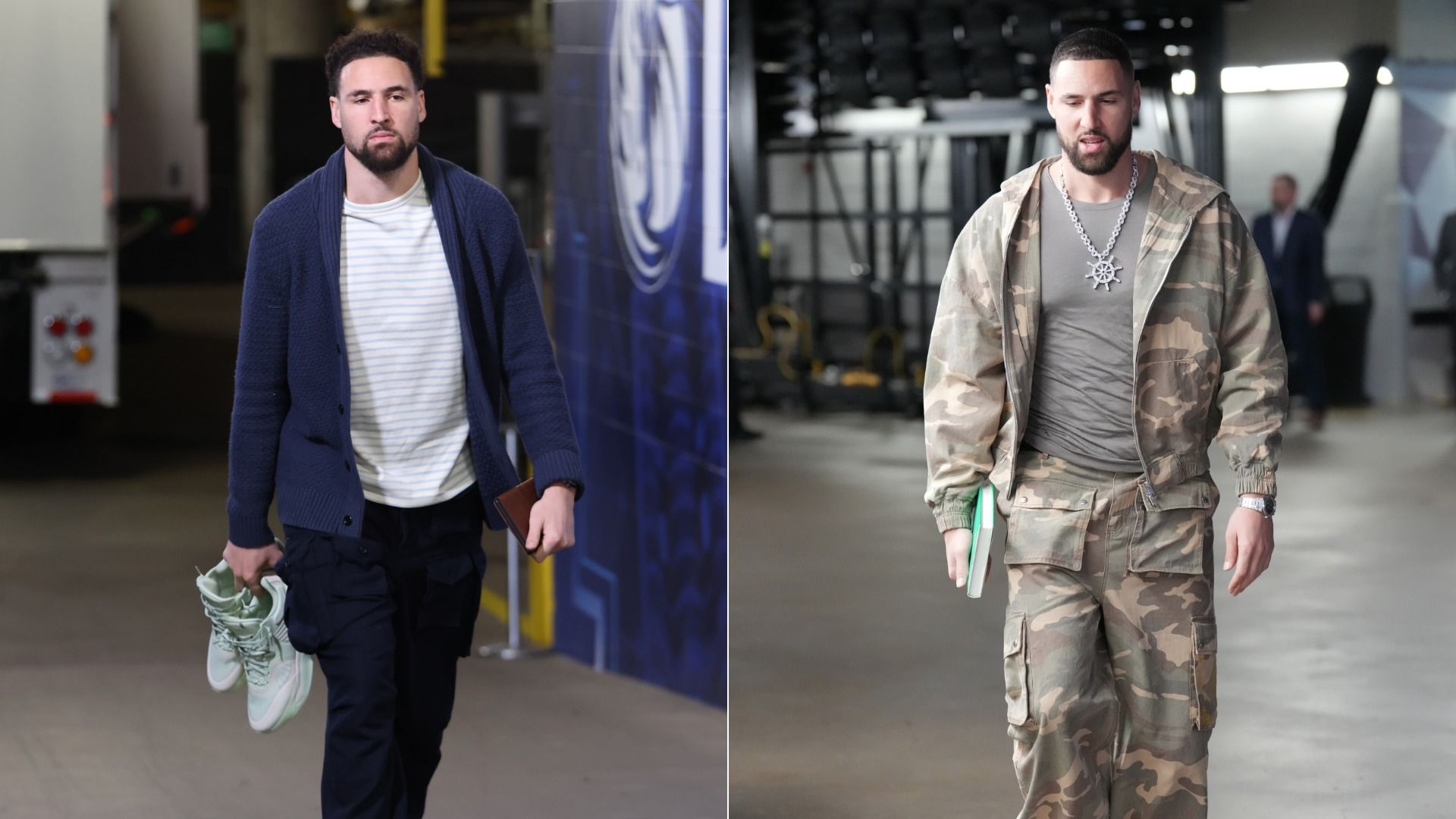 Klay Thompson wears navy cardigan and black pants in the first photo. He wears a camouflage jacket and pants, and large chain necklace in another photo.